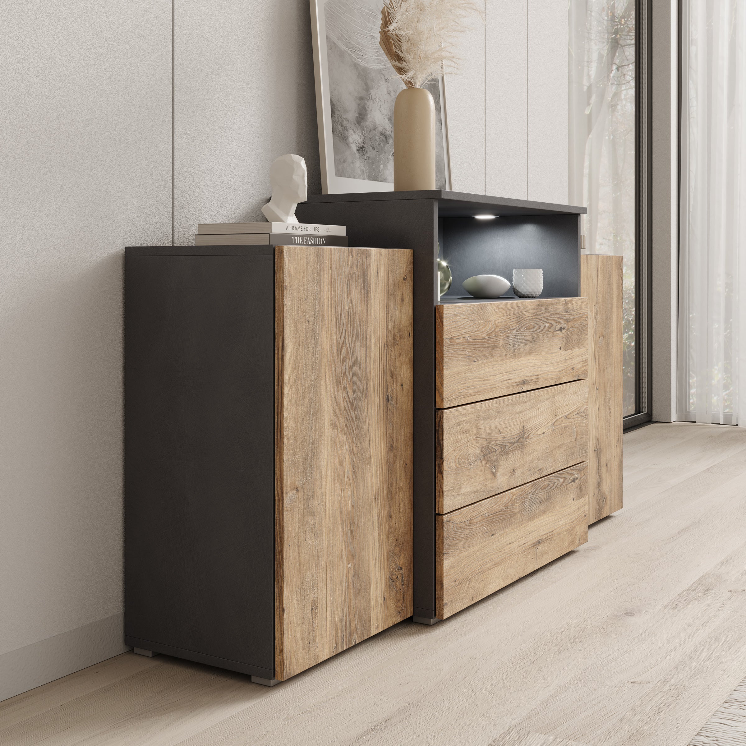 Universal - Dressoir met LED - Eikenpatroon/Grijs - 150x31x81 cm