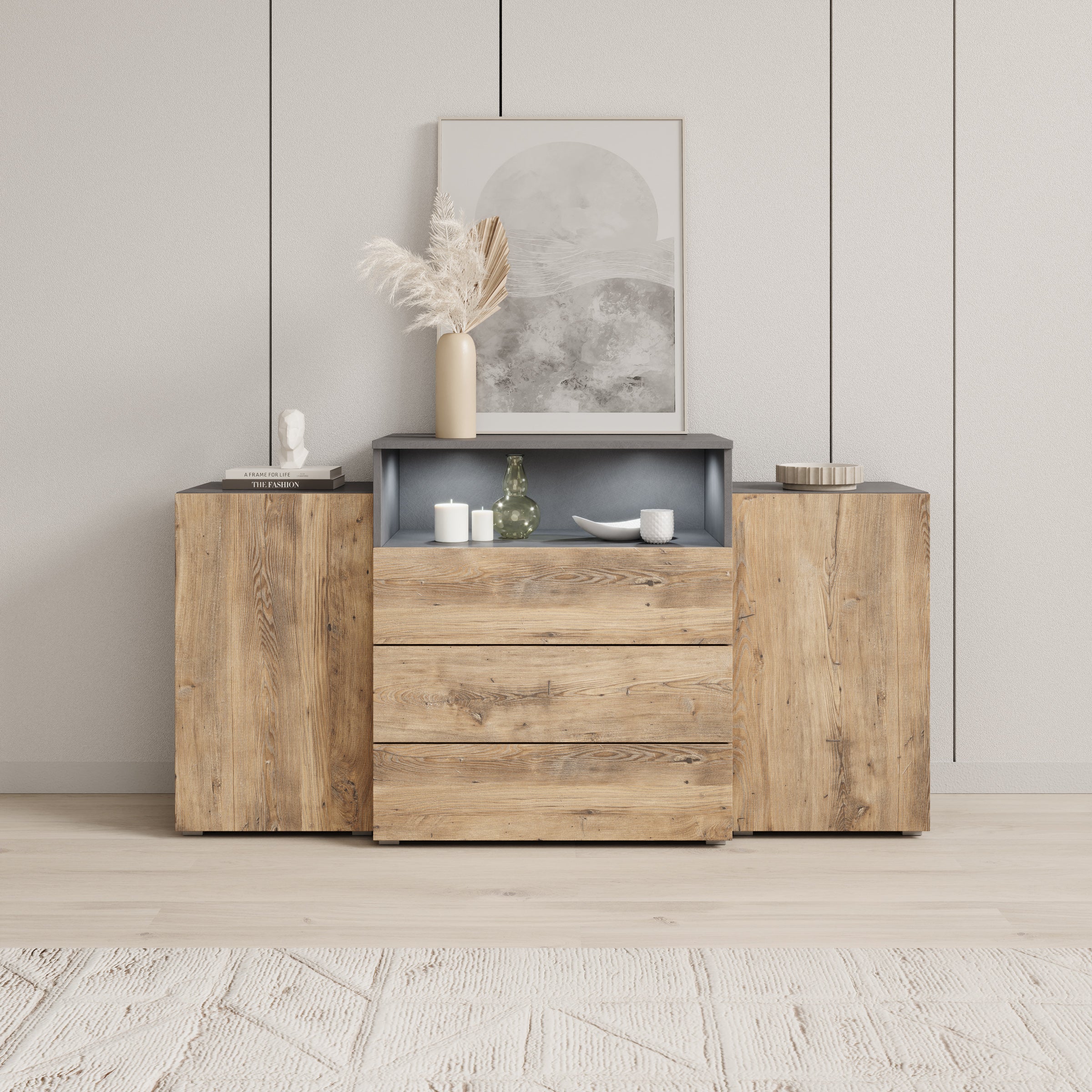 Universal - Dressoir met LED - Eikenpatroon/Grijs - 150x31x81 cm