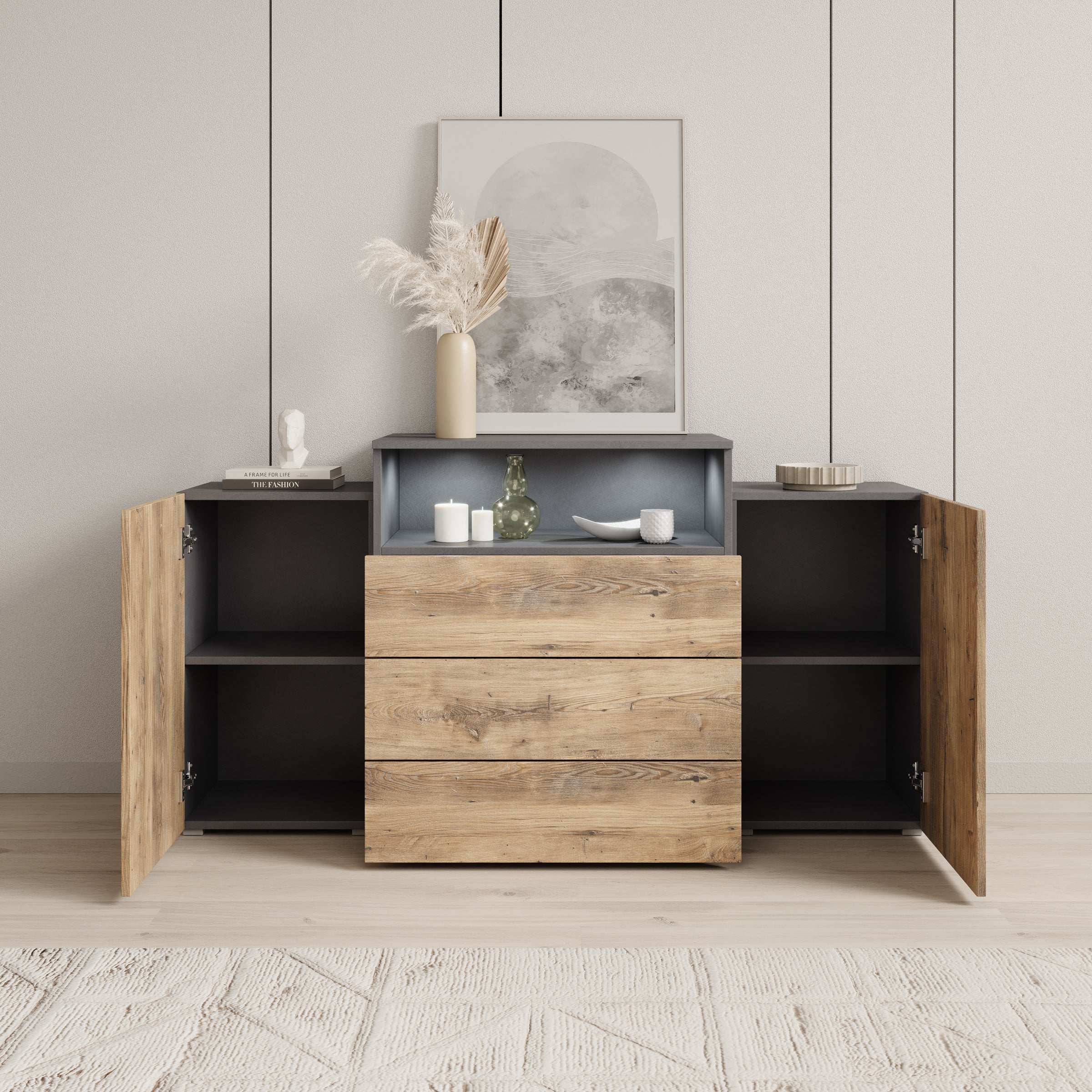 Universal - Dressoir met LED - Eikenpatroon/Grijs - 150x31x81 cm