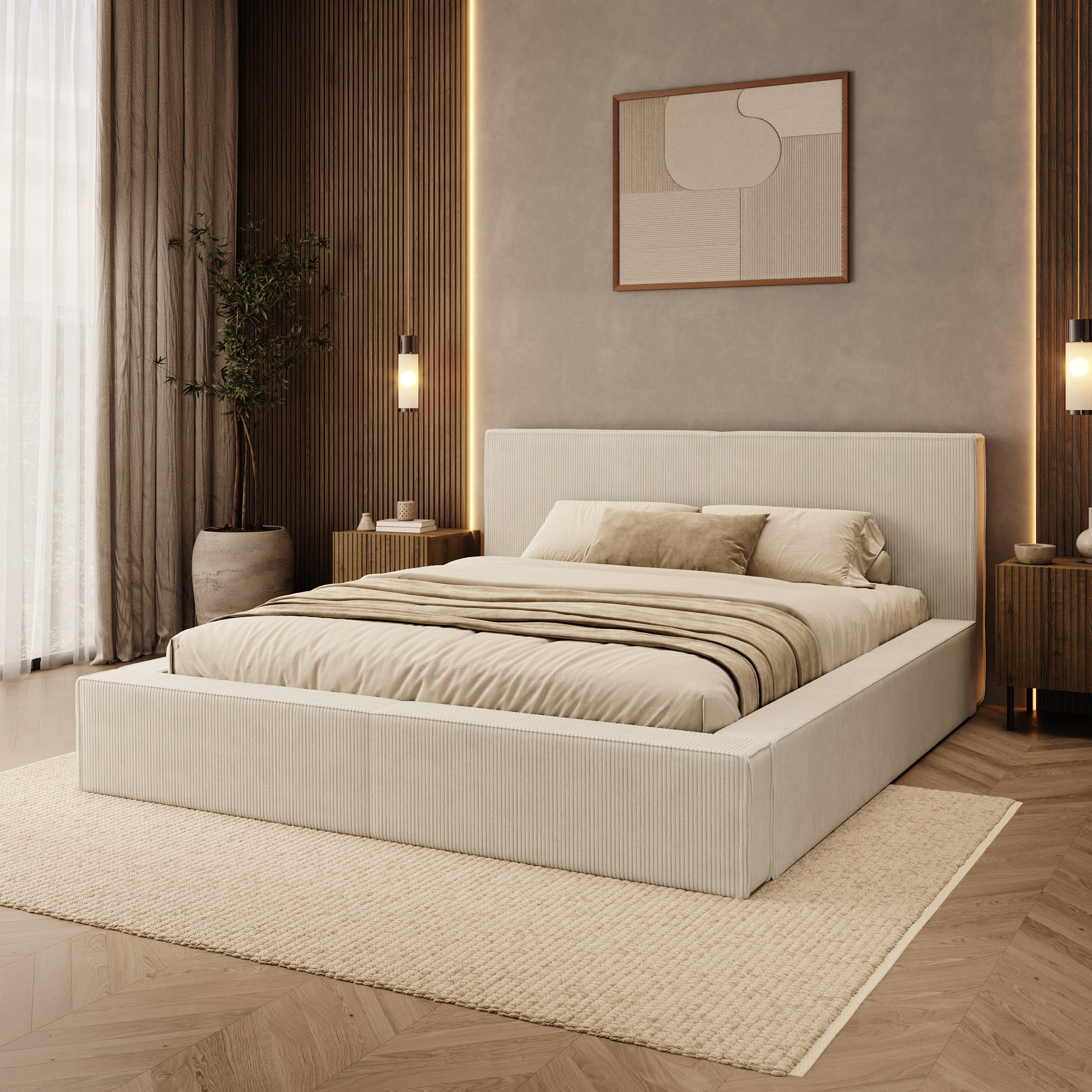 Vara - Tweepersoonsbed - Ribstof beige - 160x200 cm
