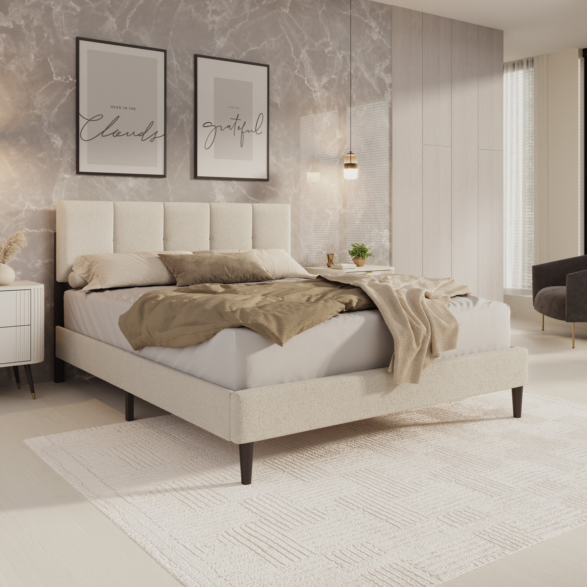 Varell - Tweepersoonsbed - Teddystof beige - 160x200 cm