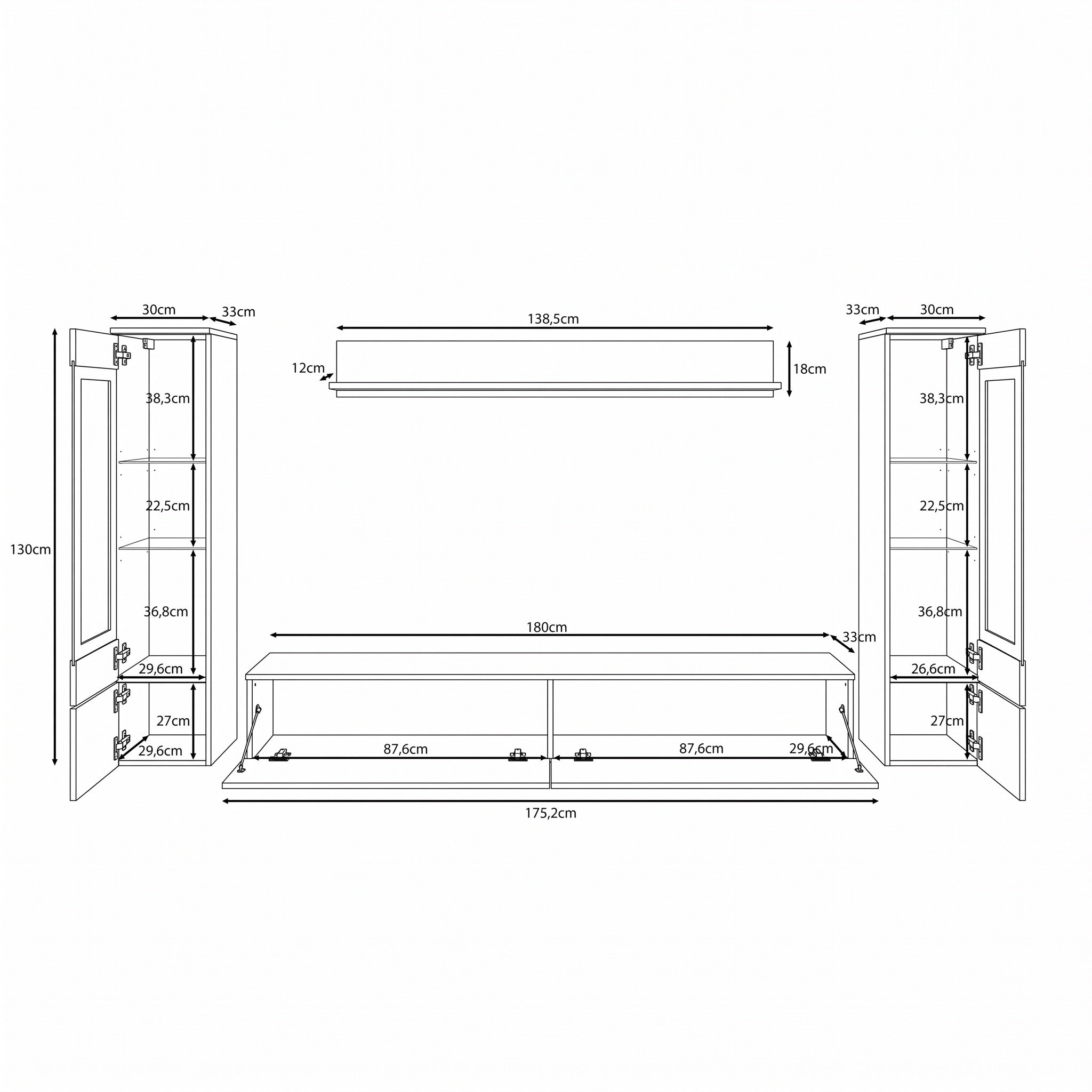 Variety - Wandmeubel - Eiken/Grijs - 180x33x132 cm