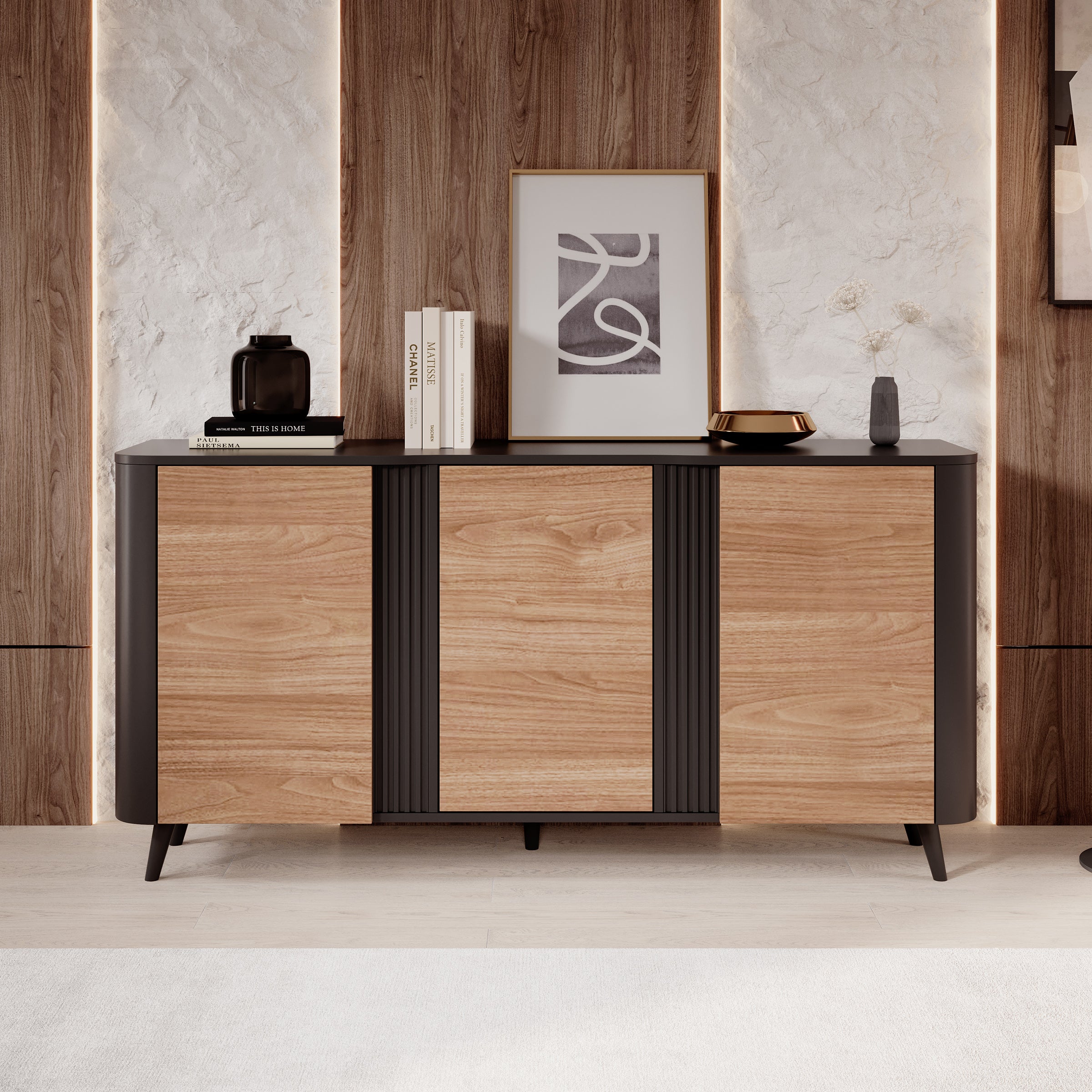 Veda - Dressoir - Zwart/eiken - 151x39x76 cm