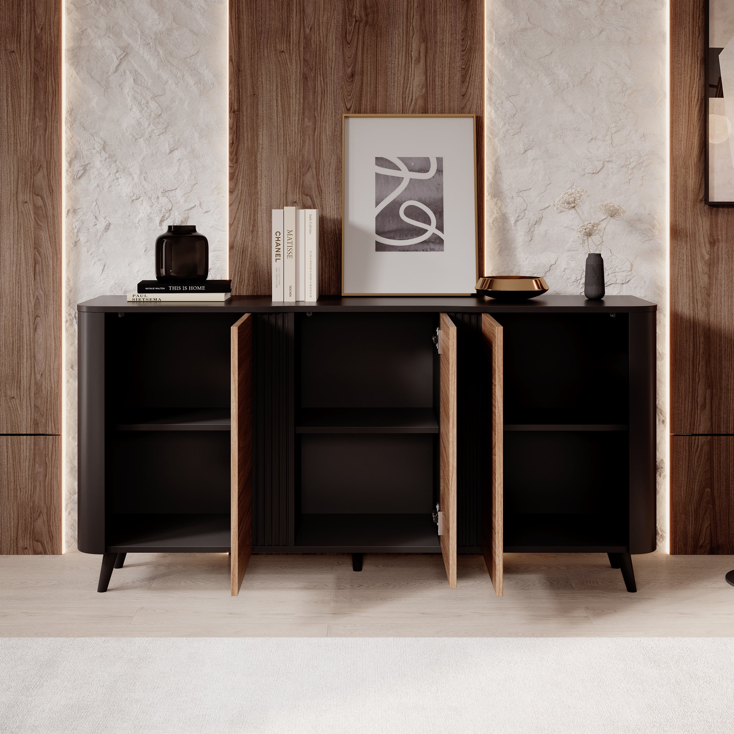 Veda - Dressoir - Zwart/eiken - 151x39x76 cm