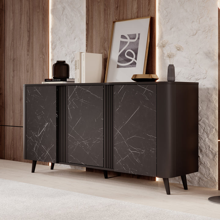 Veda - Dressoir - Zwart/marmerlook - 151x39x76 cm