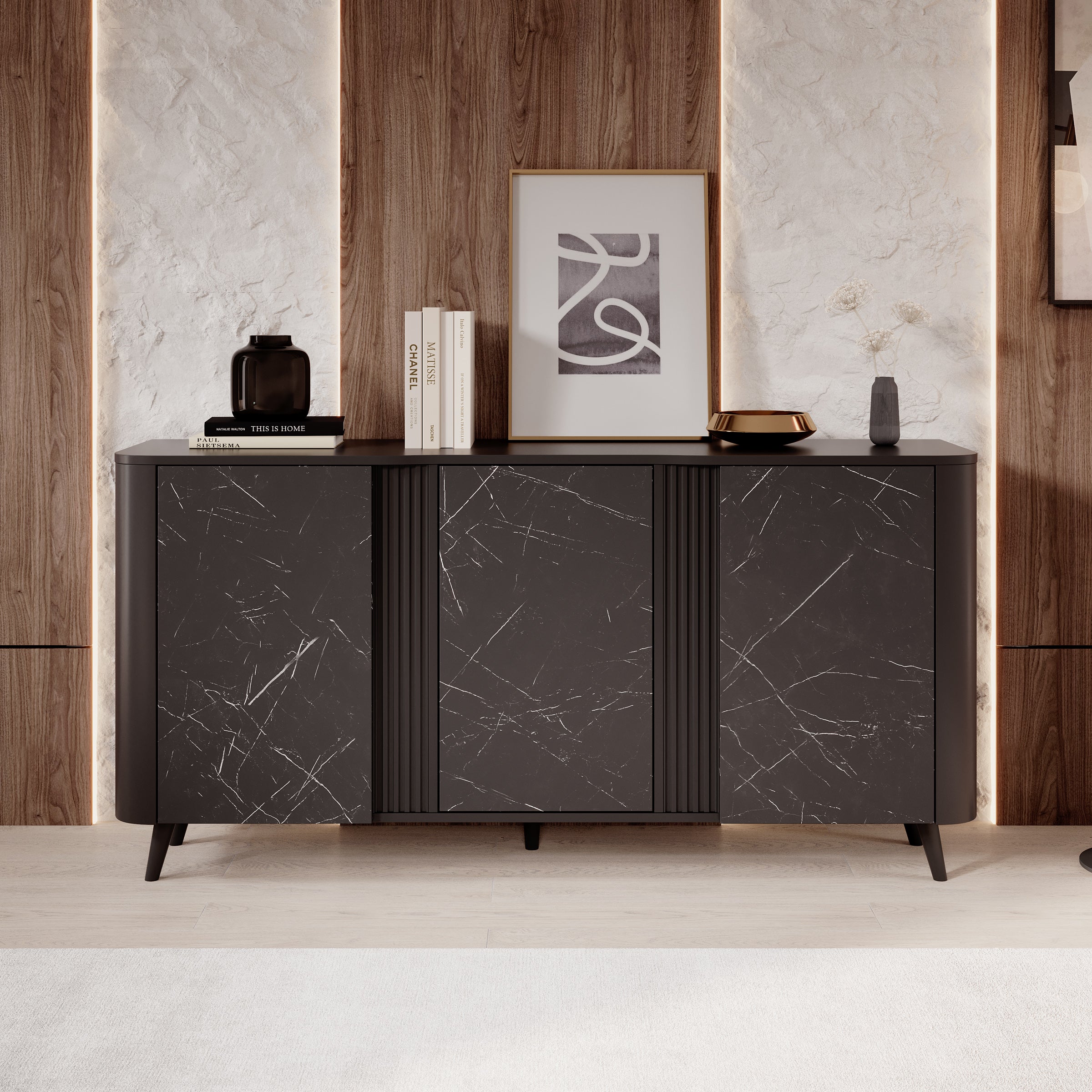 Veda - Dressoir - Zwart/marmerlook - 151x39x76 cm