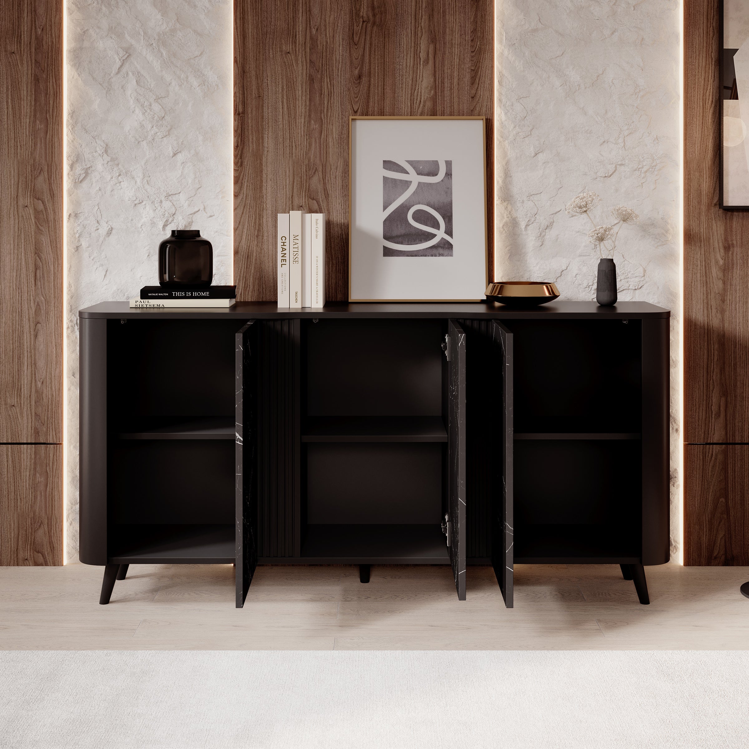Veda - Dressoir - Zwart/marmerlook - 151x39x76 cm