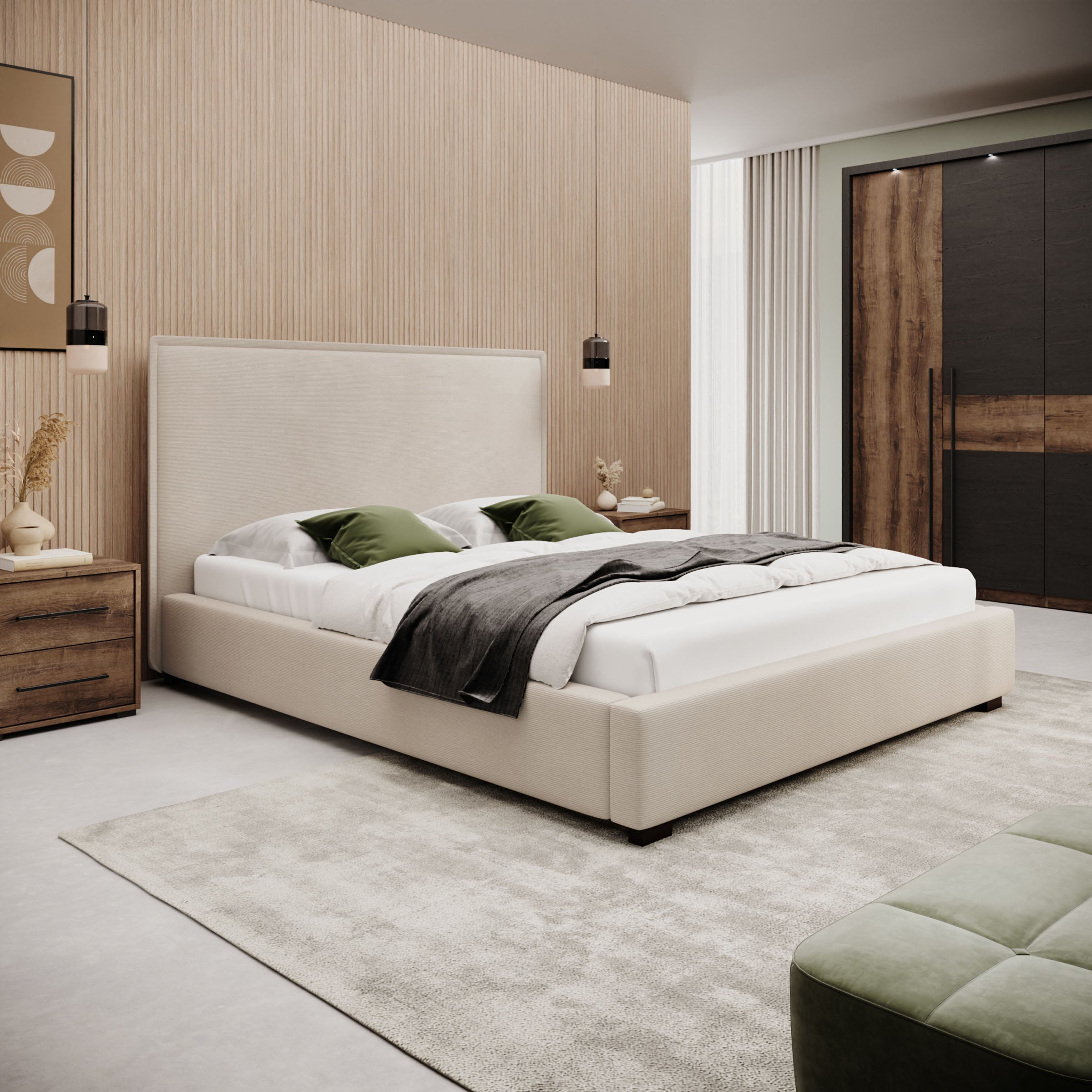 Veda - Tweepersoonsbed - Ribstof beige - 160x200 cm