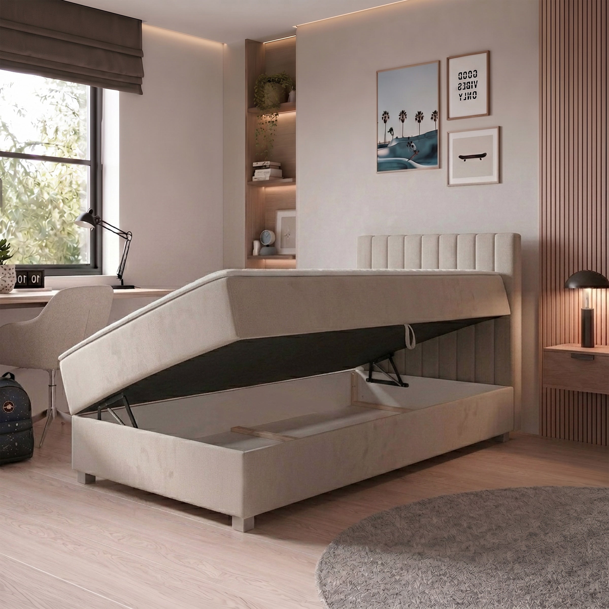 Vega - Boxspring met opbergruimte - Velvet beige - 90x200 cm