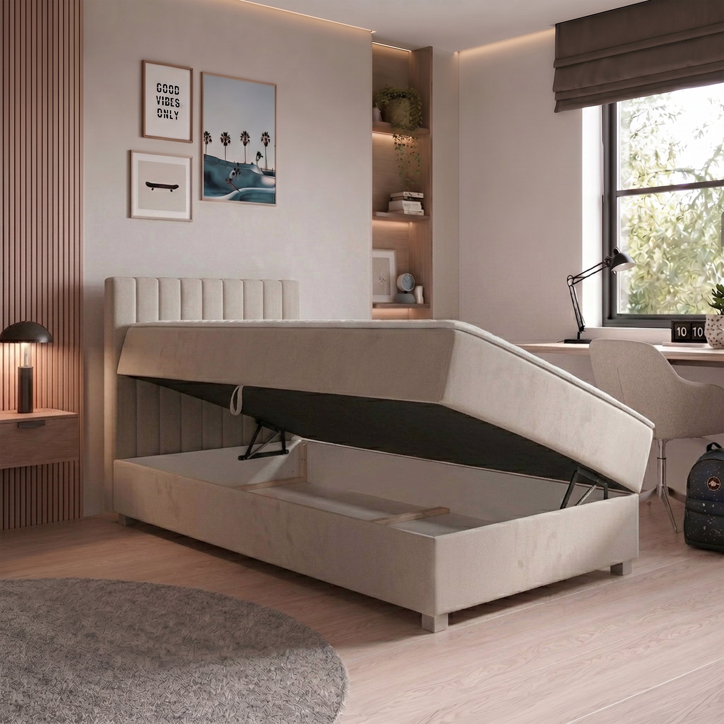 Vega - Boxspring met opbergruimte - Velvet beige - 90x200 cm