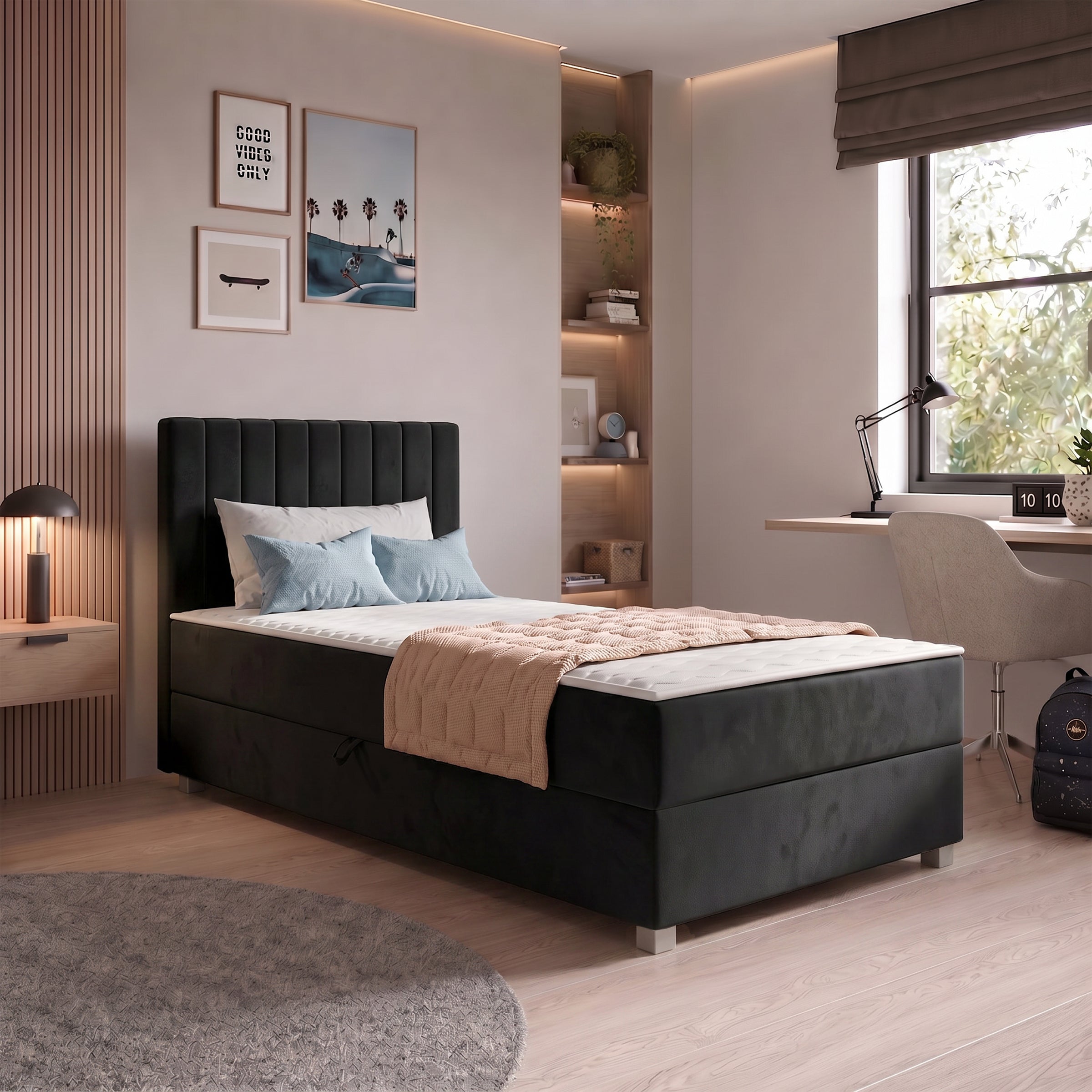 Vega - Boxspring met opbergruimte - Velvet zwart - 90x200 cm