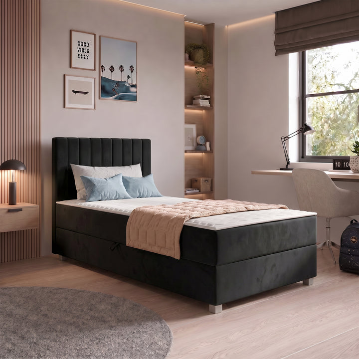 Vega - Boxspring met opbergruimte - Velvet zwart - 90x200 cm