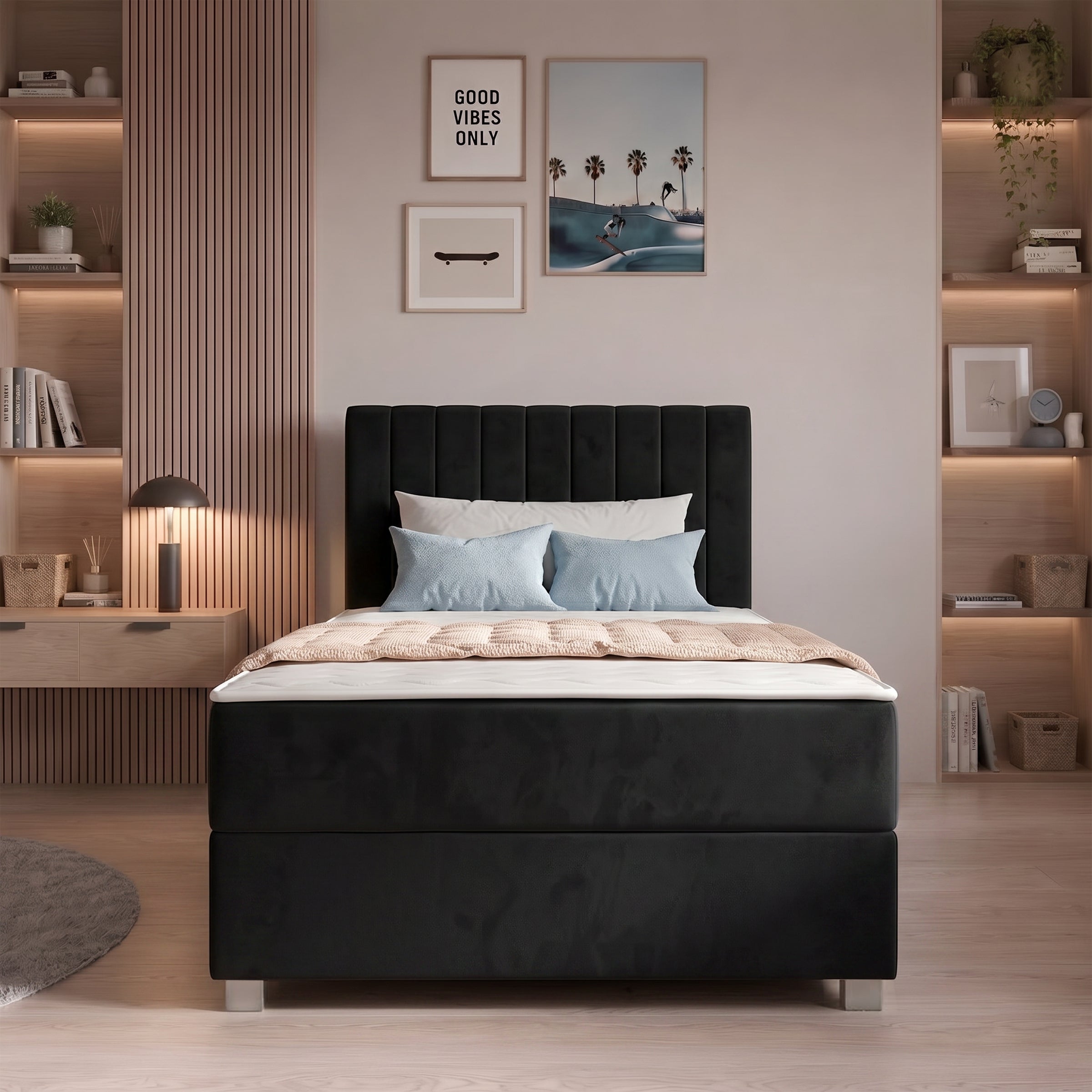 Vega - Boxspring met opbergruimte - Velvet zwart - 90x200 cm