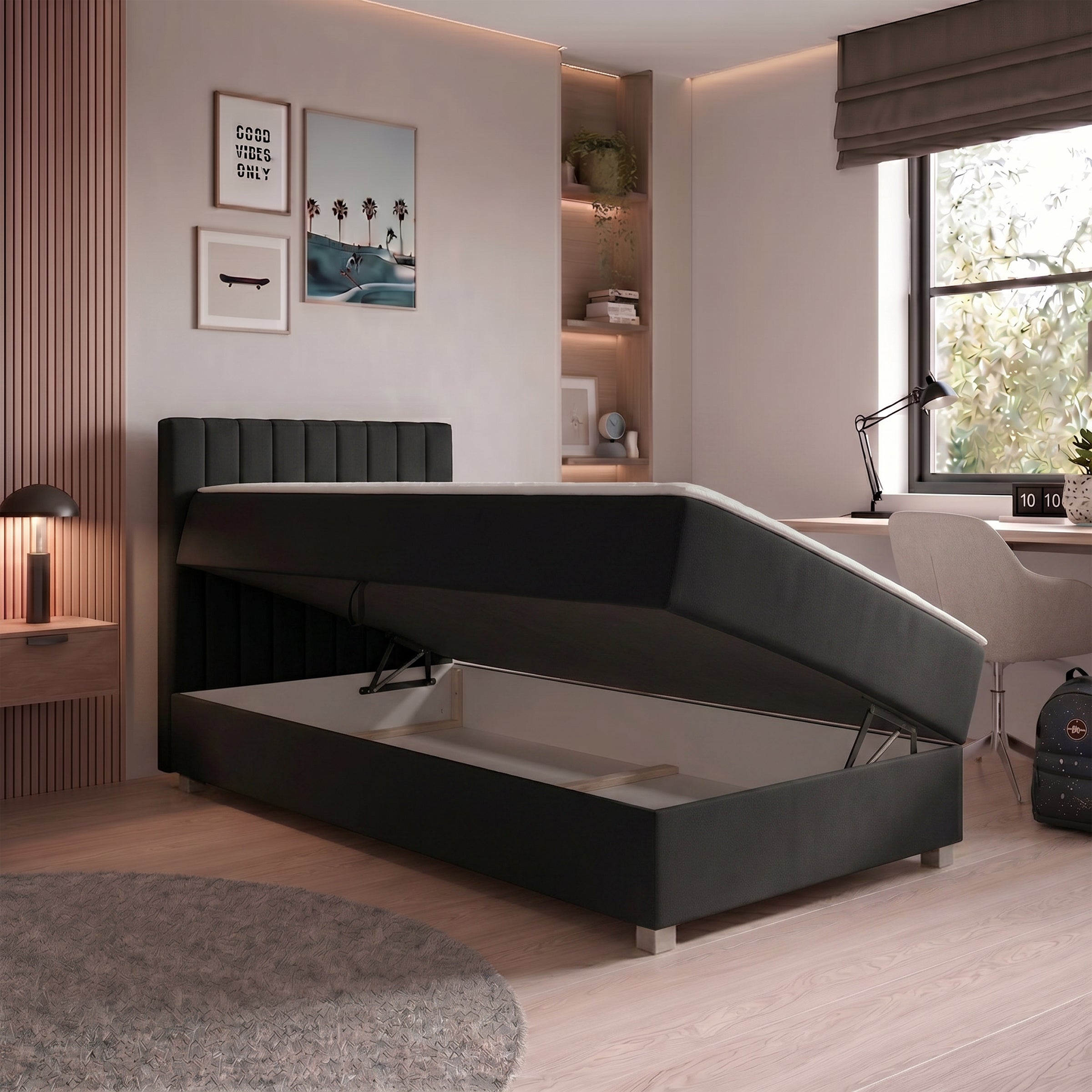Vega - Boxspring met opbergruimte - Velvet zwart - 90x200 cm