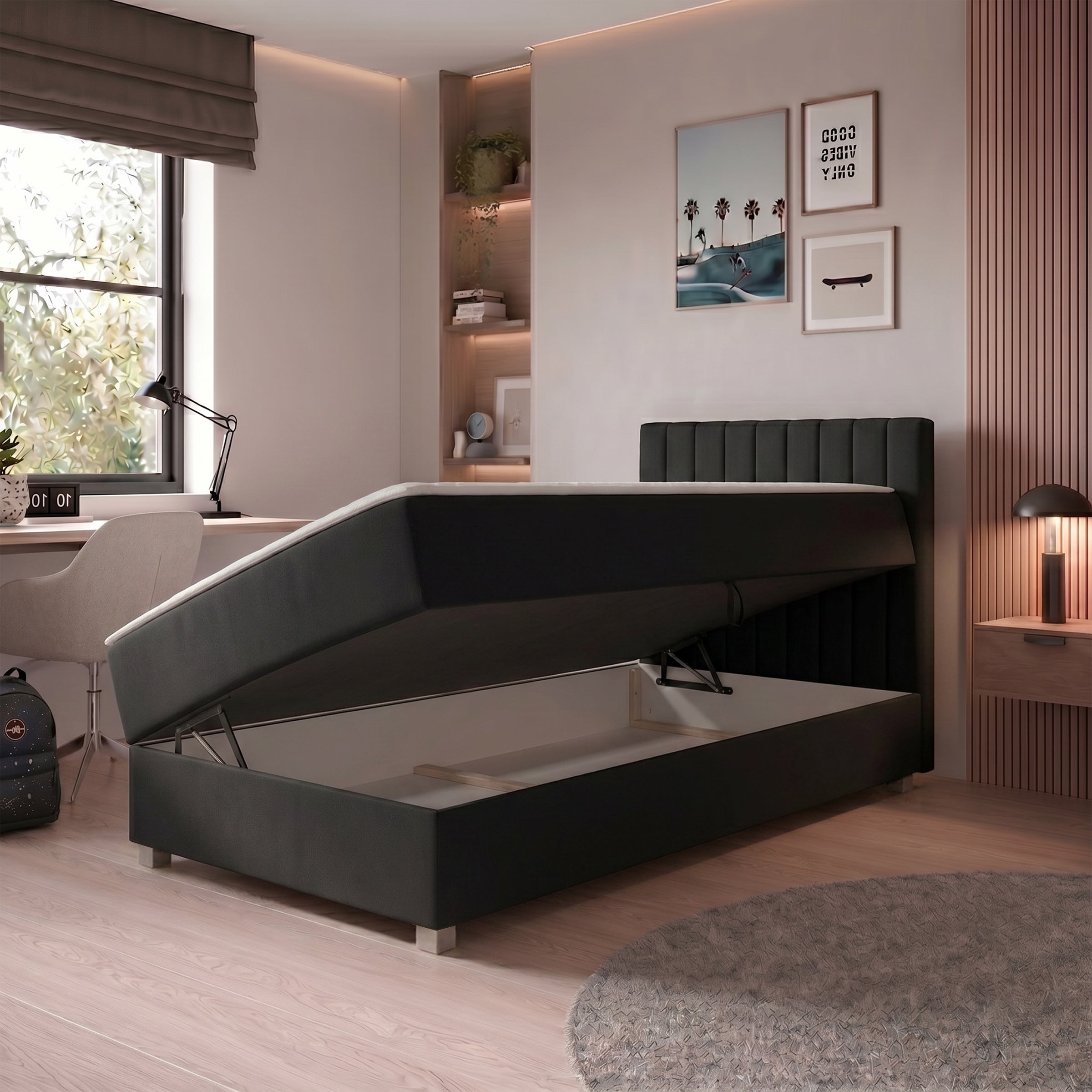 Vega - Boxspring met opbergruimte - Velvet zwart - 90x200 cm