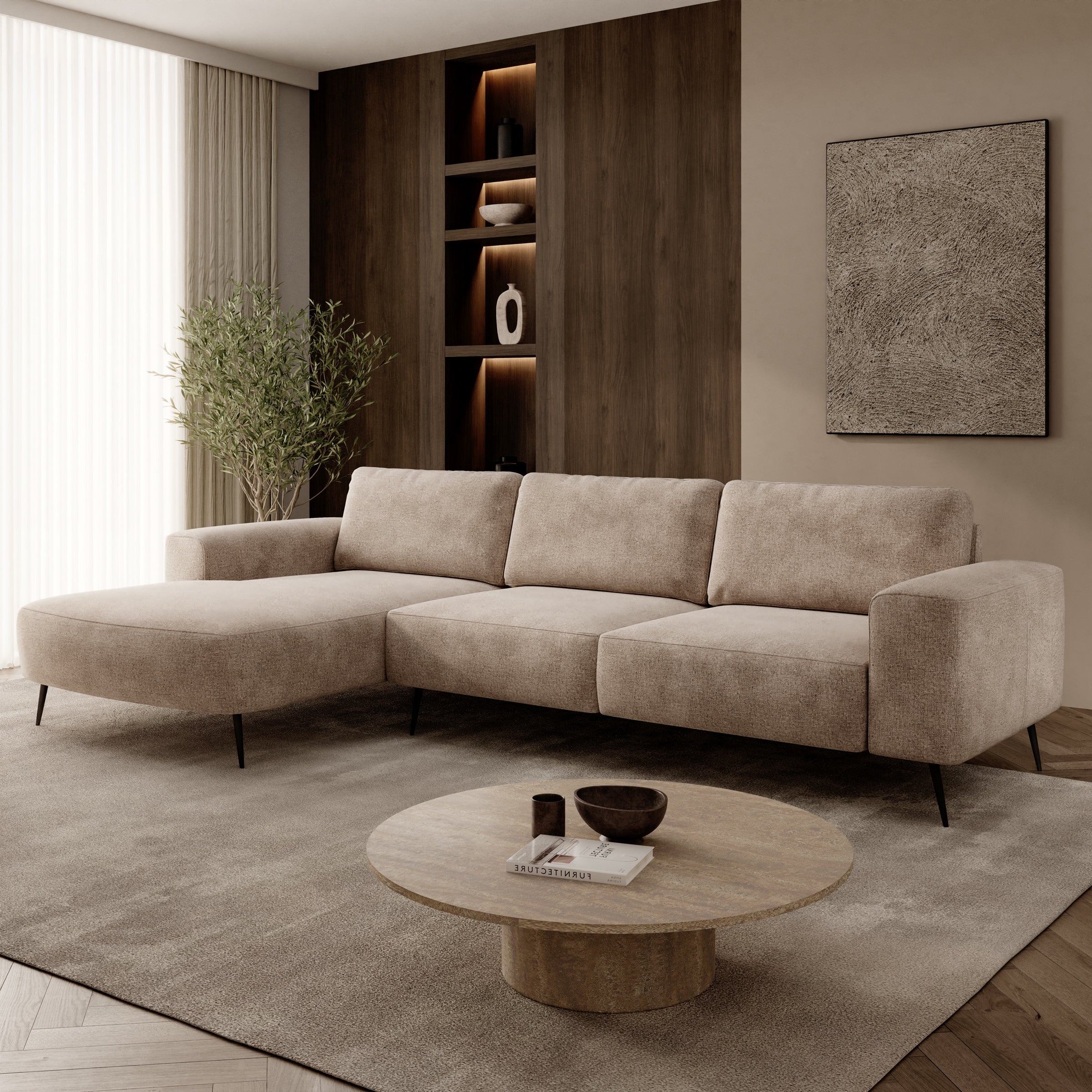 Veldan - Hoekbank 3-zits met lounge - Beige stof - Links