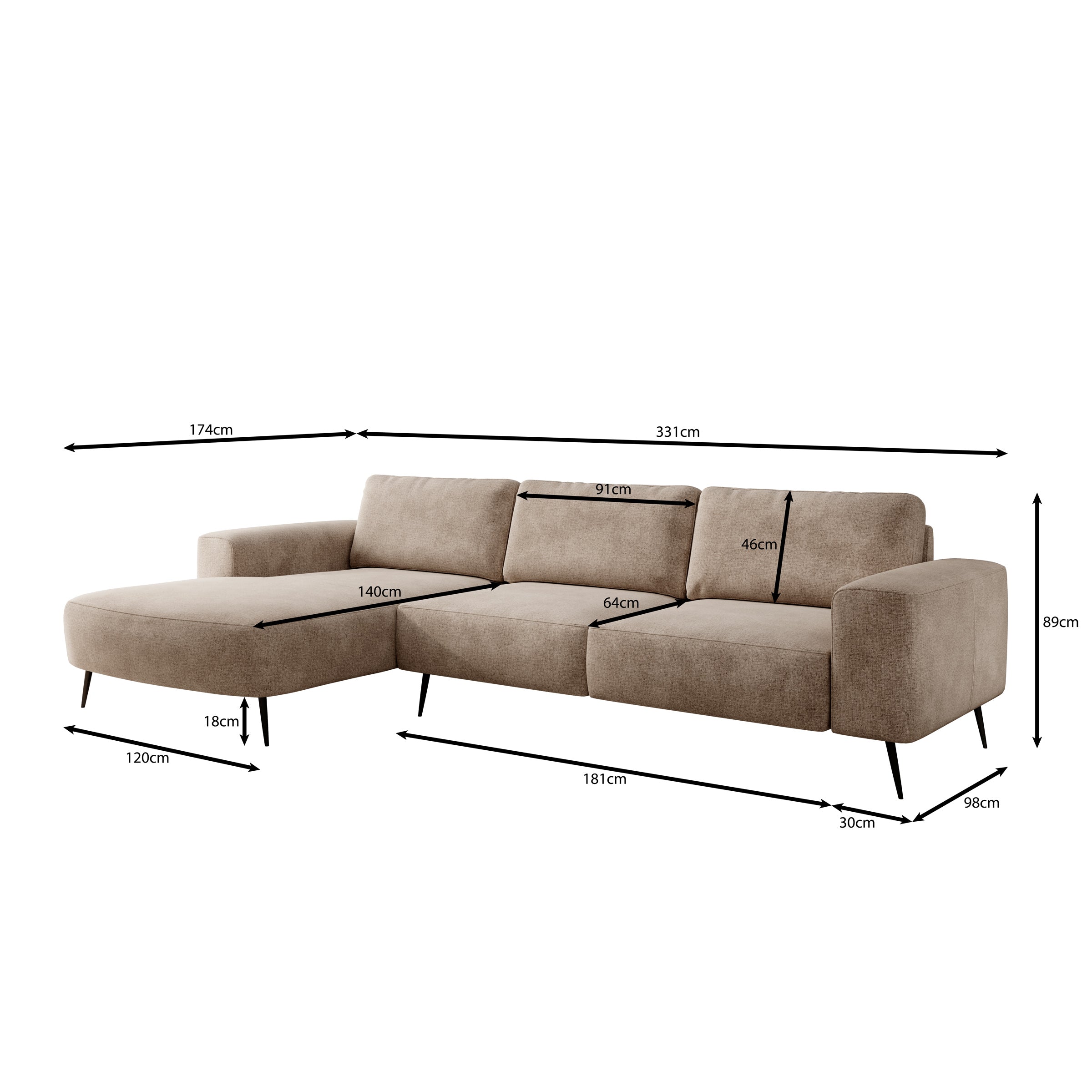 Veldan - Hoekbank 3-zits met lounge - Beige stof - Links