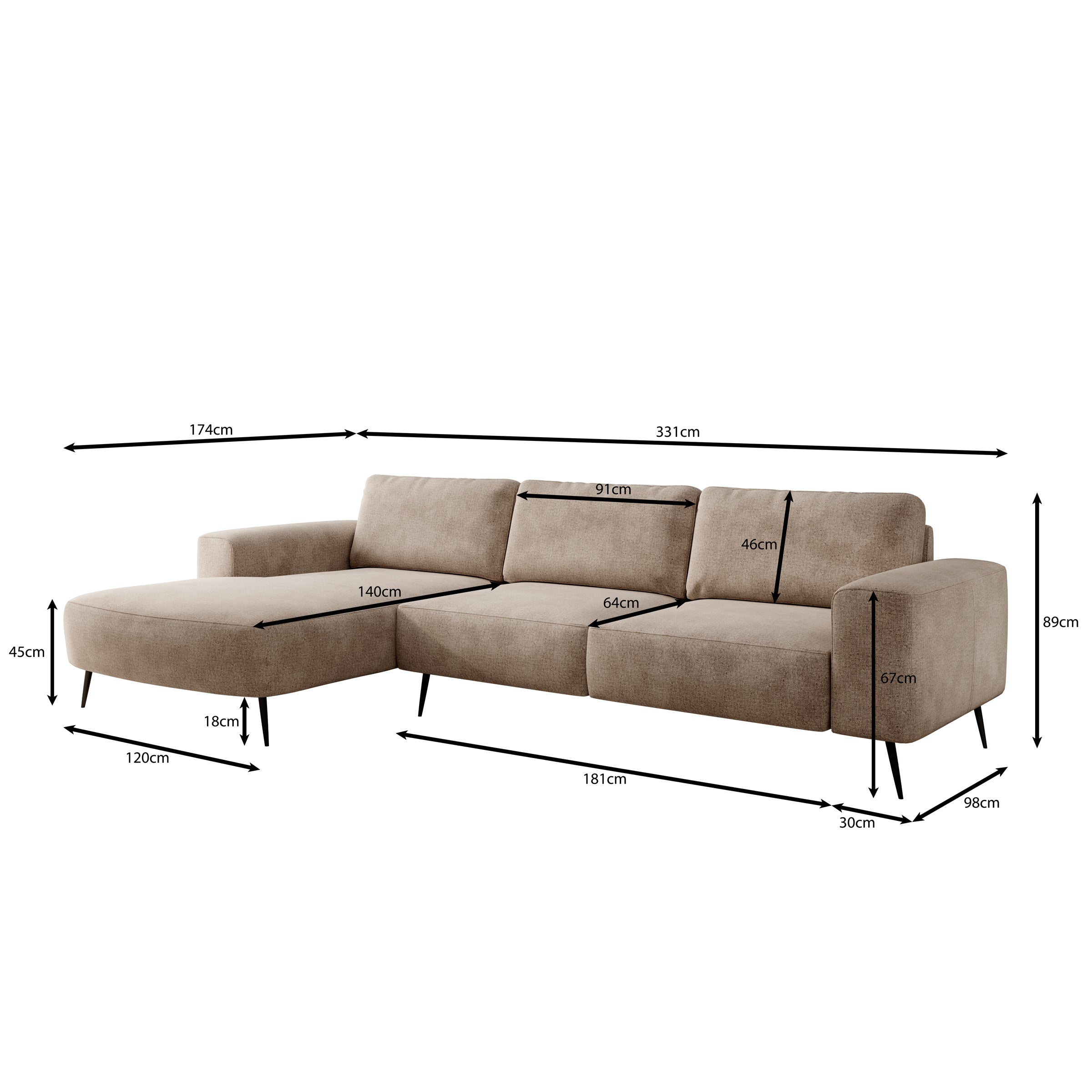 Veldan - Hoekbank 3-zits met lounge - Beige stof - Links
