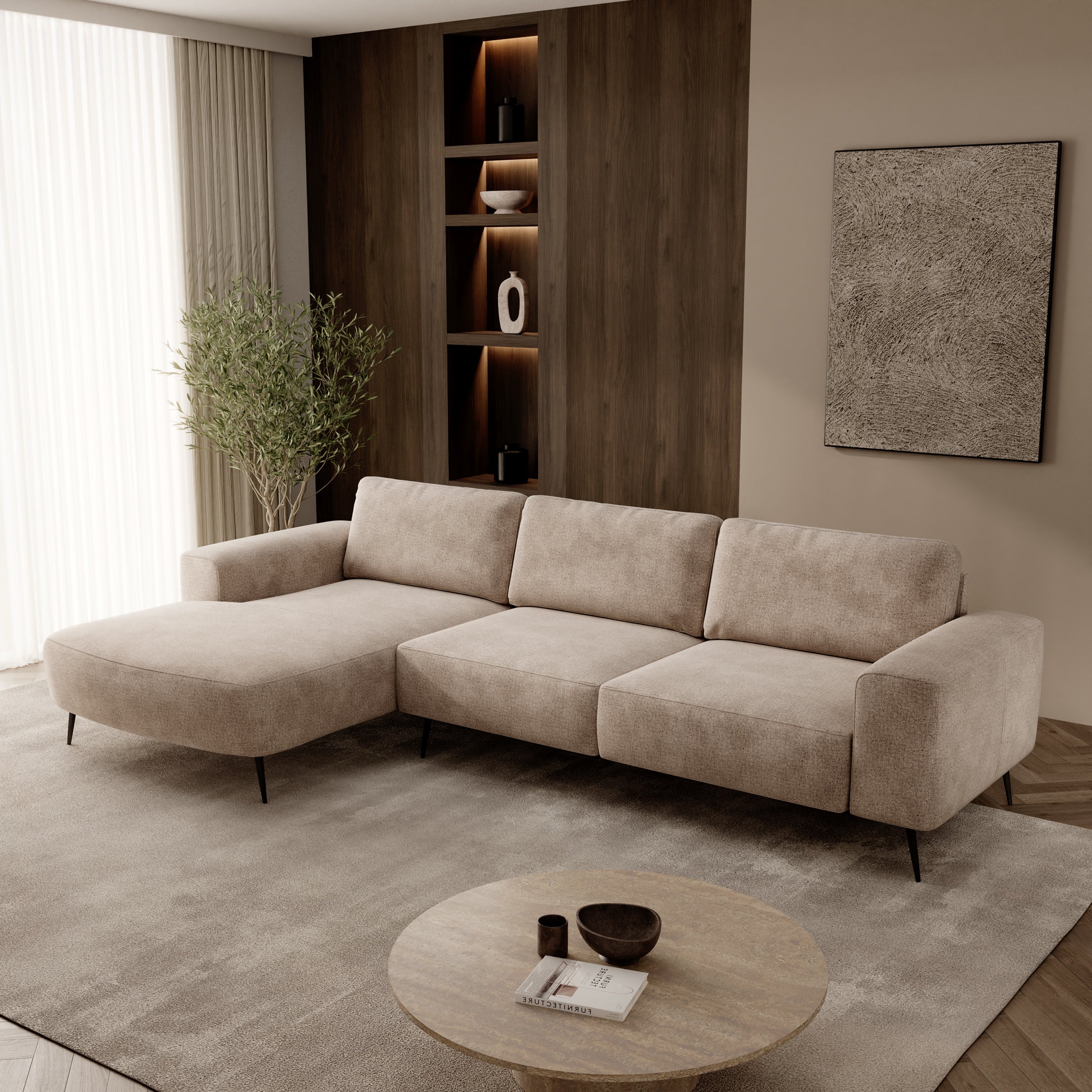Veldan - Hoekbank 3-zits met lounge - Beige stof - Links