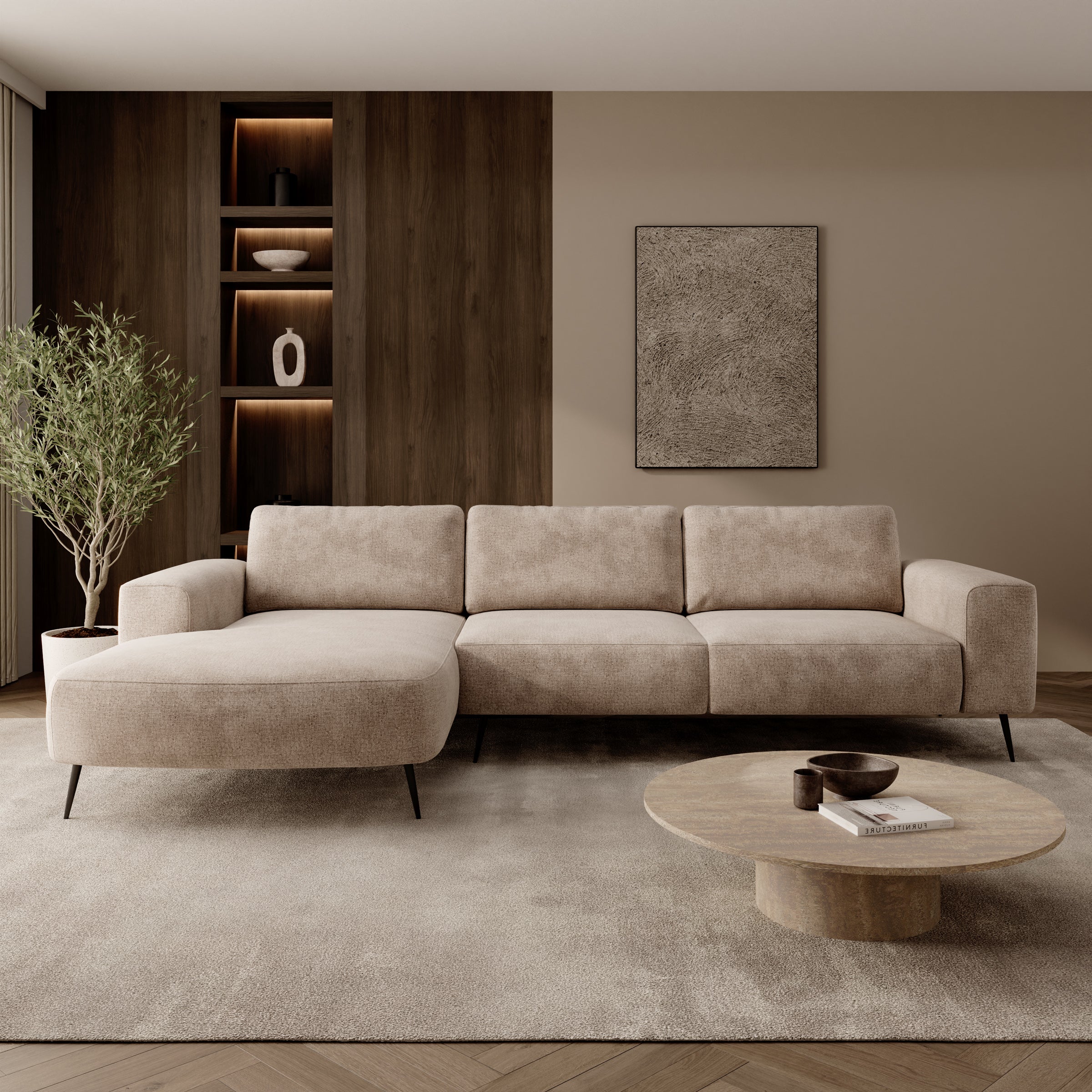 Veldan - Hoekbank 3-zits met lounge - Beige stof - Links