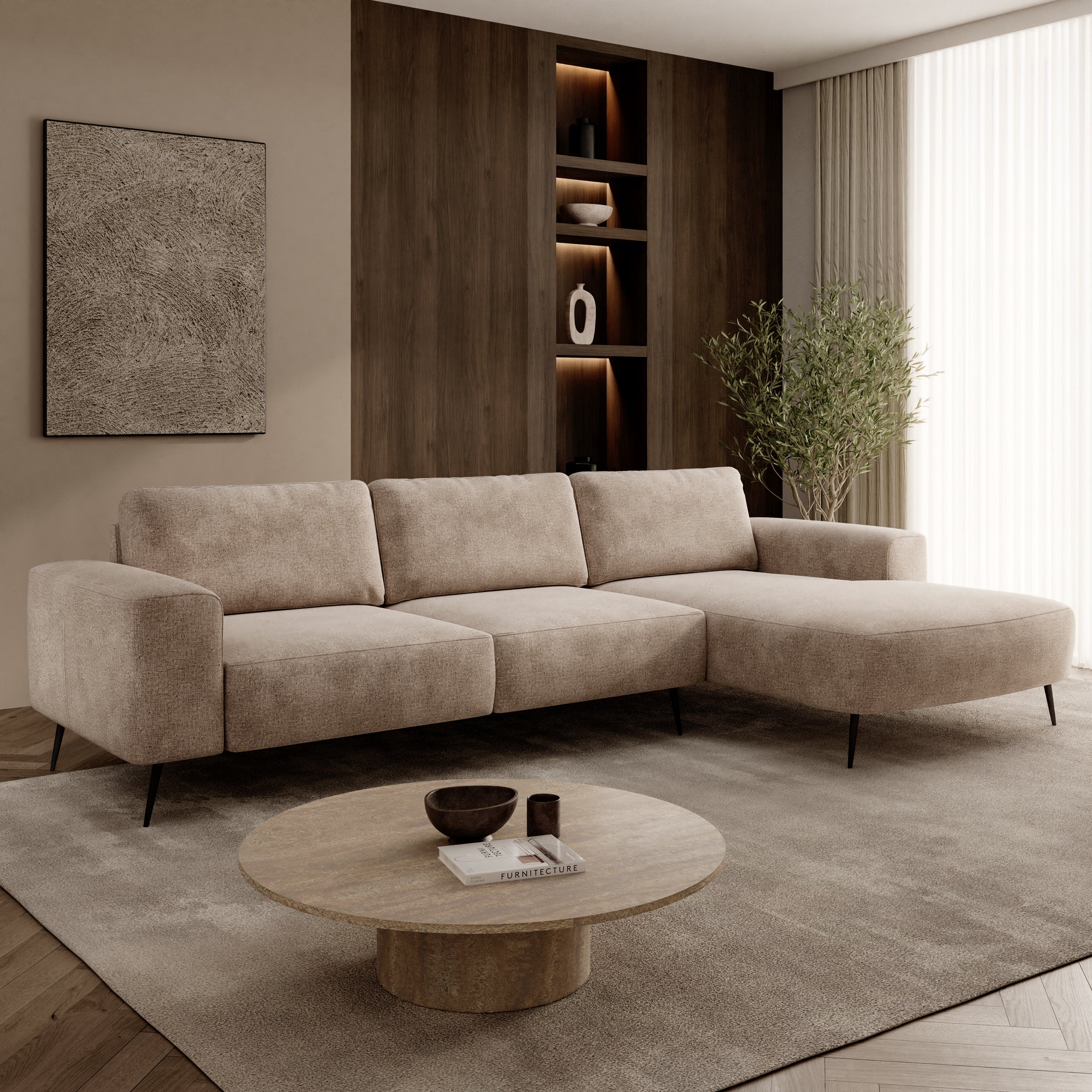 Veldan - Hoekbank 3-zits met lounge - Beige stof - Rechts