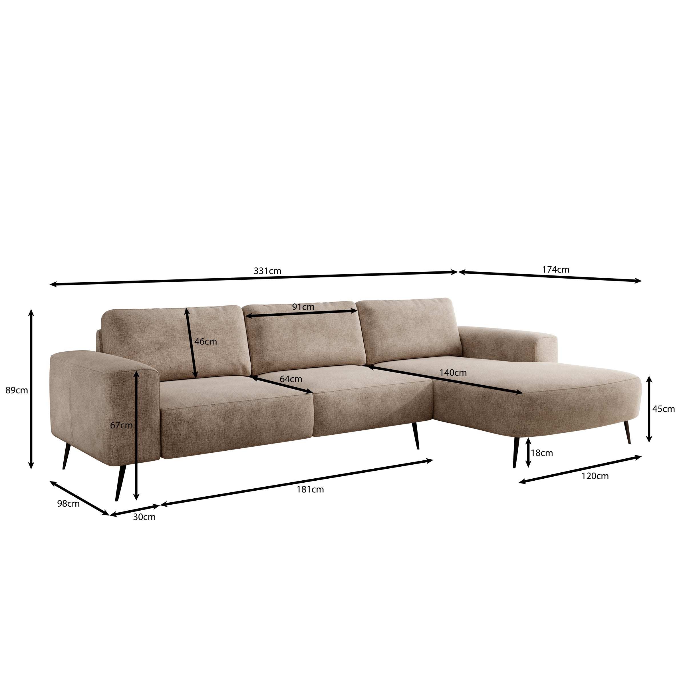 Veldan - Hoekbank 3-zits met lounge - Beige stof - Rechts