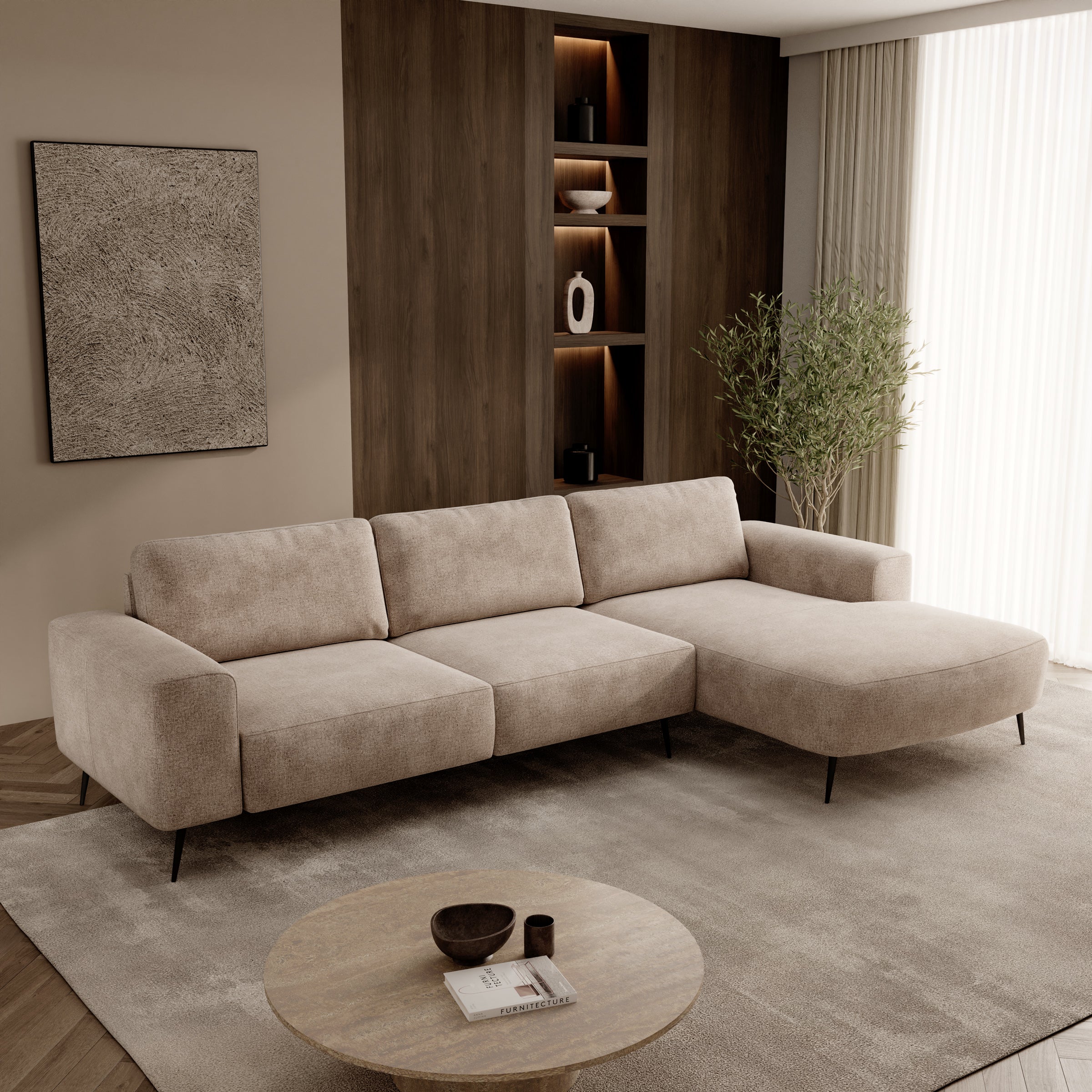 Veldan - Hoekbank 3-zits met lounge - Beige stof - Rechts