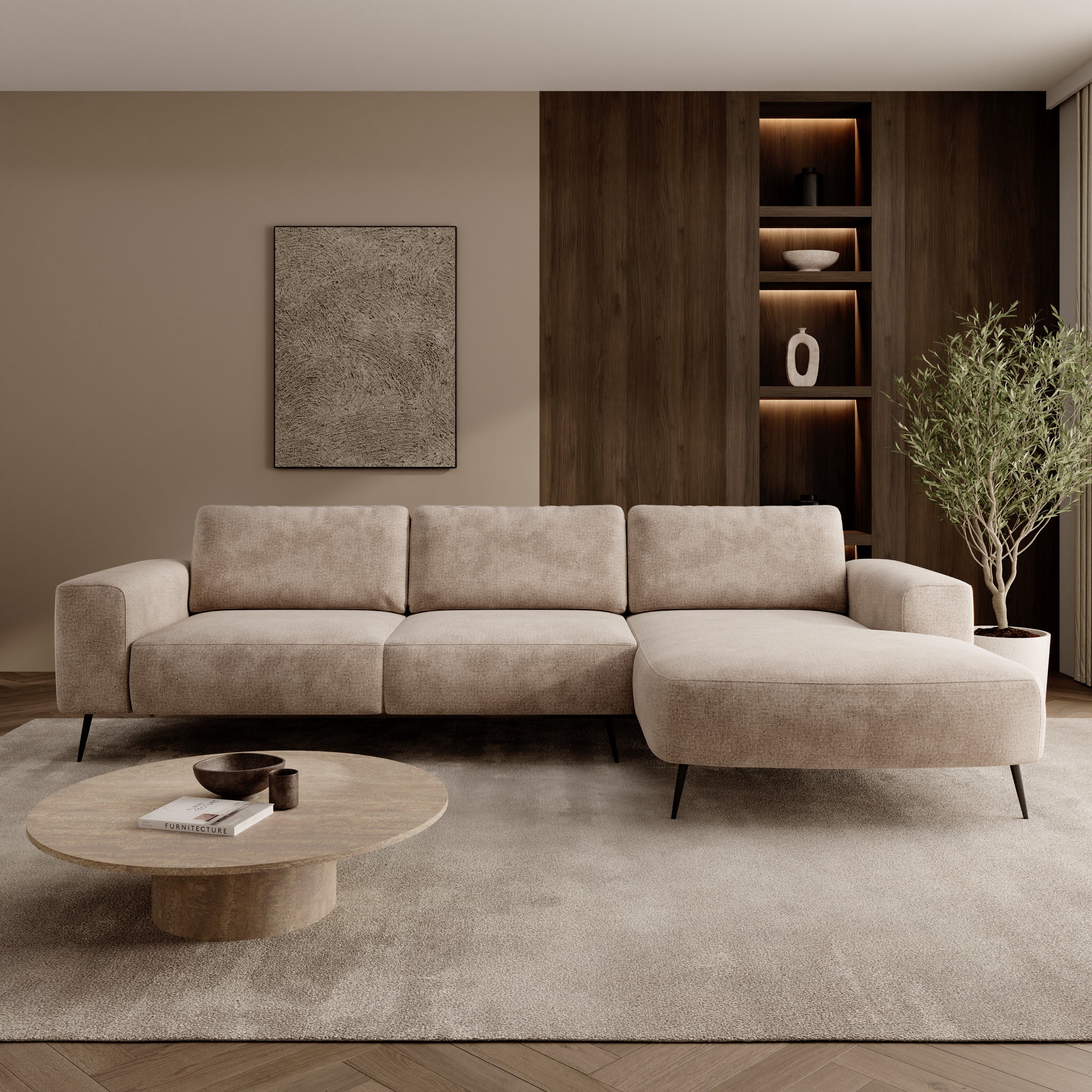 Veldan - Hoekbank 3-zits met lounge - Beige stof - Rechts