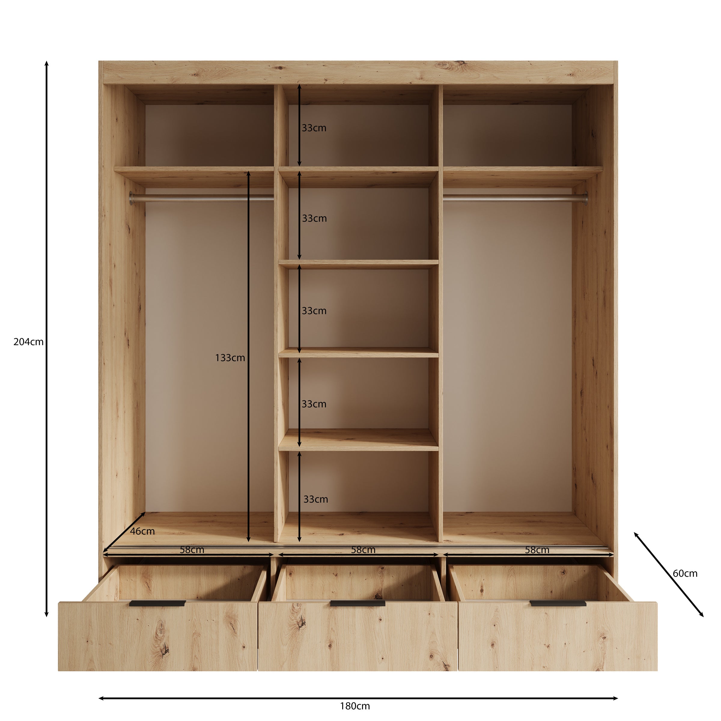 Venn - Kledingkast met schuifdeuren - Eiken - 180x60x204 cm