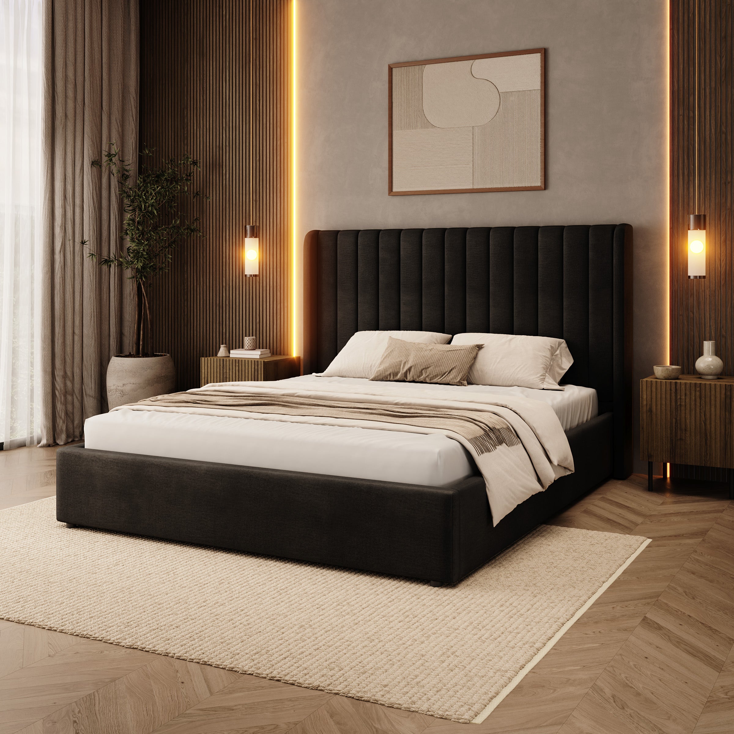 Vento - Tweepersoonsbed - Velvet zwart - 160x200 cm