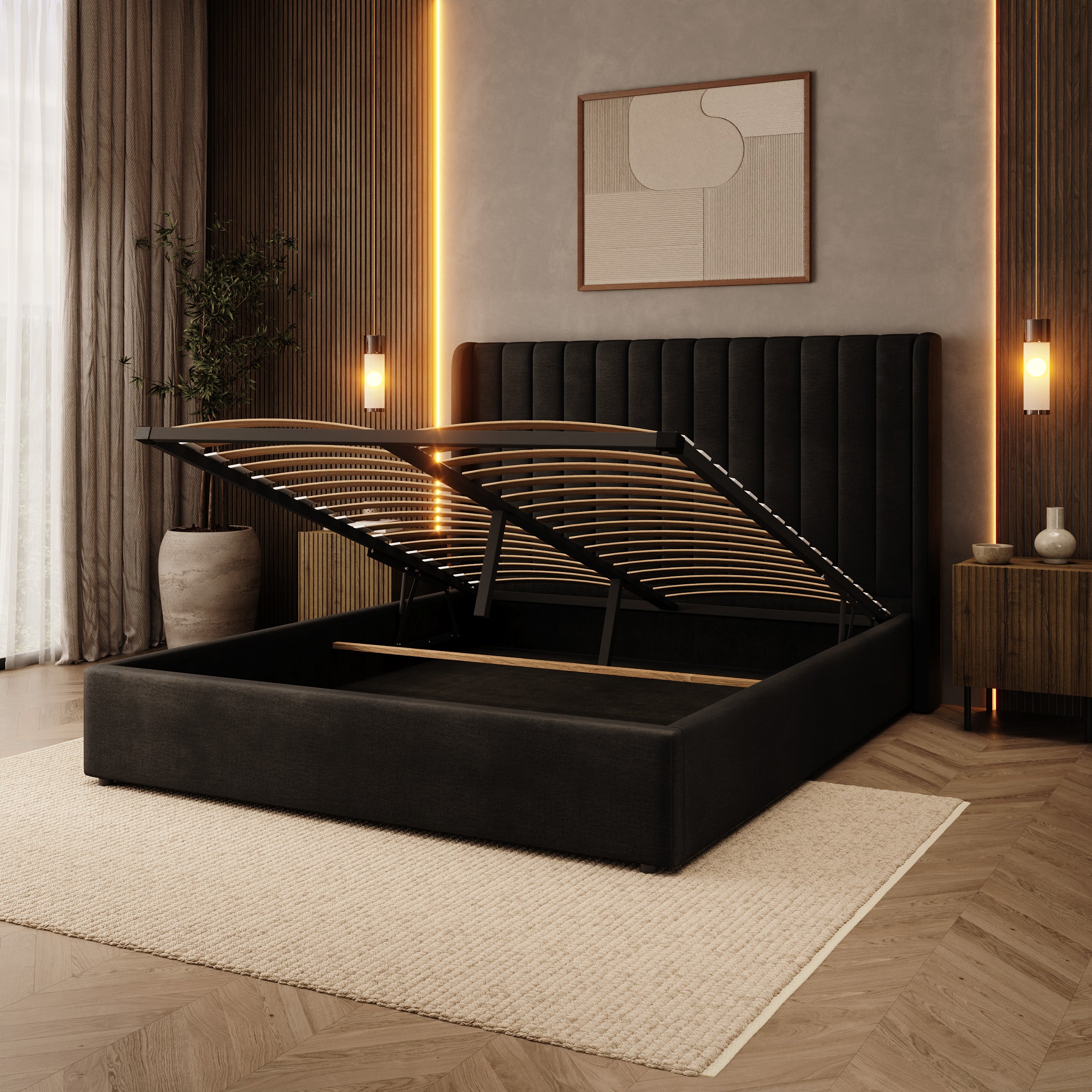 Vento - Tweepersoonsbed - Velvet zwart - 160x200 cm