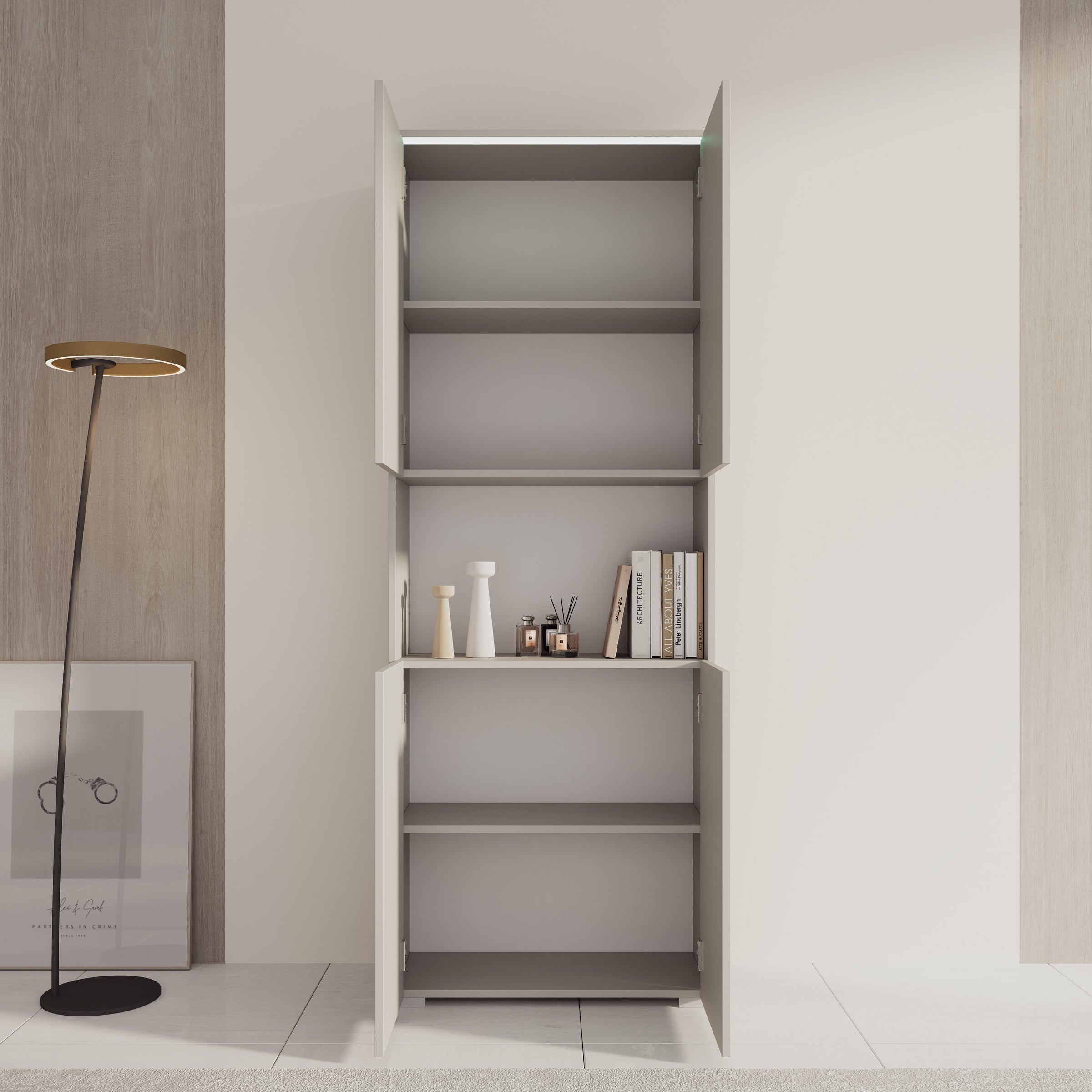 Verity - Boekenkast met LED - Beige - 68x33x182 cm