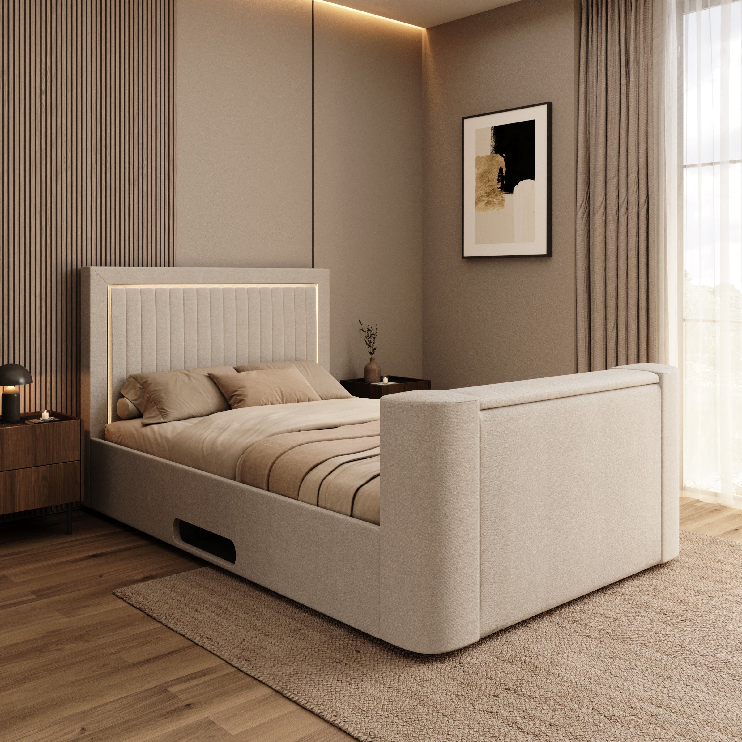 Vexo - Tweepersoonsbed met TV-lift systeem - Stof beige - 140x200 cm