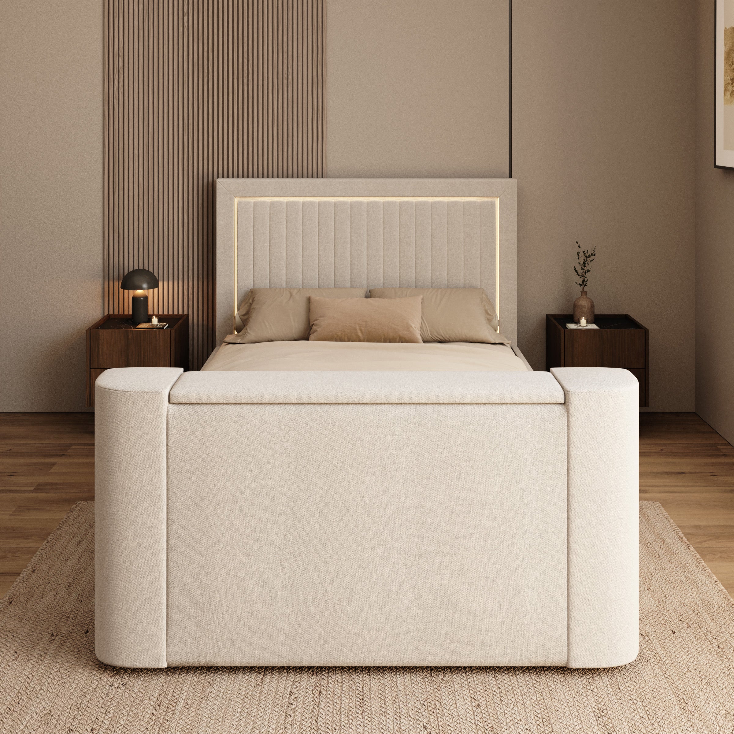 Vexo - Tweepersoonsbed met TV-lift systeem - Stof beige - 140x200 cm