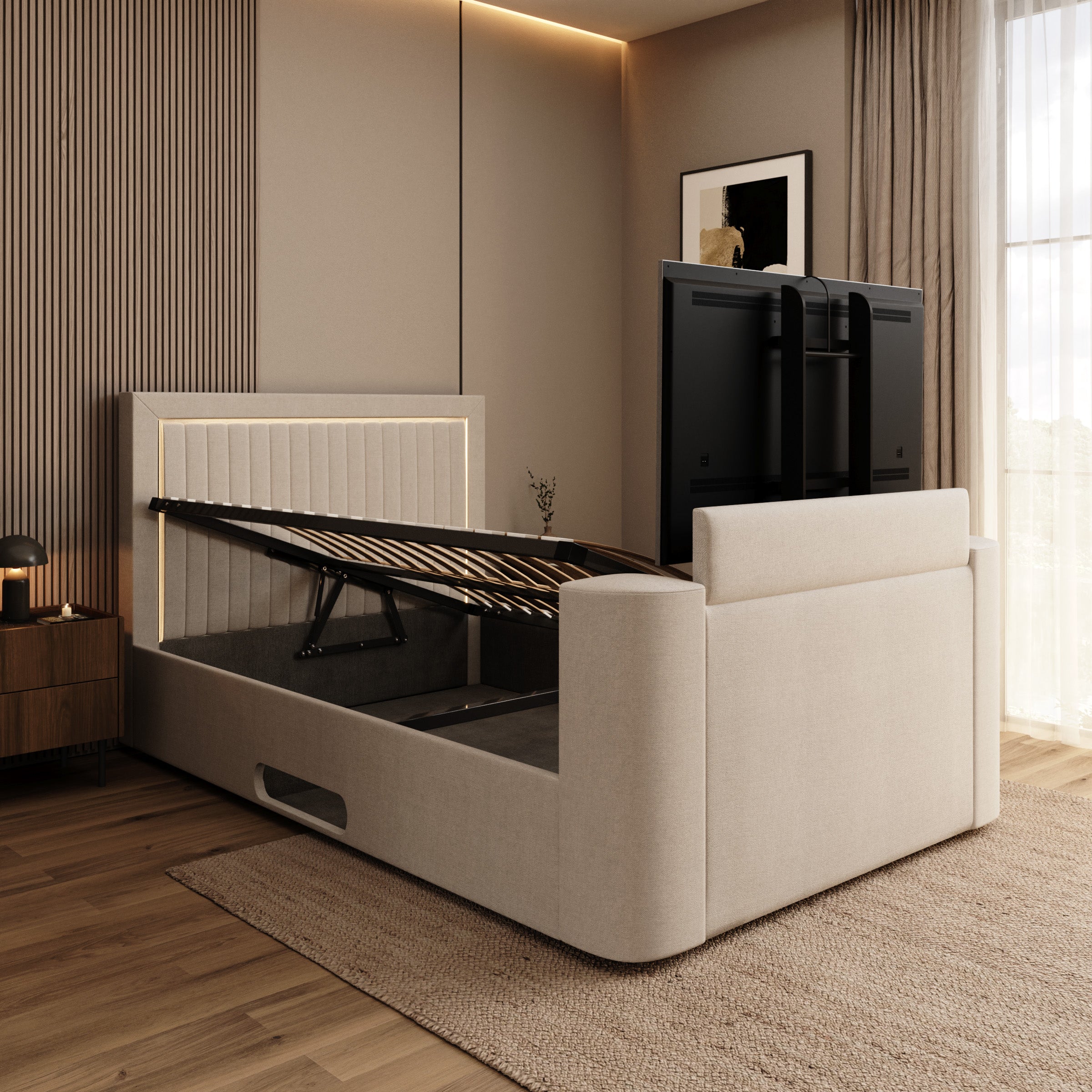 Vexo - Tweepersoonsbed met TV-lift systeem - Stof beige - 140x200 cm