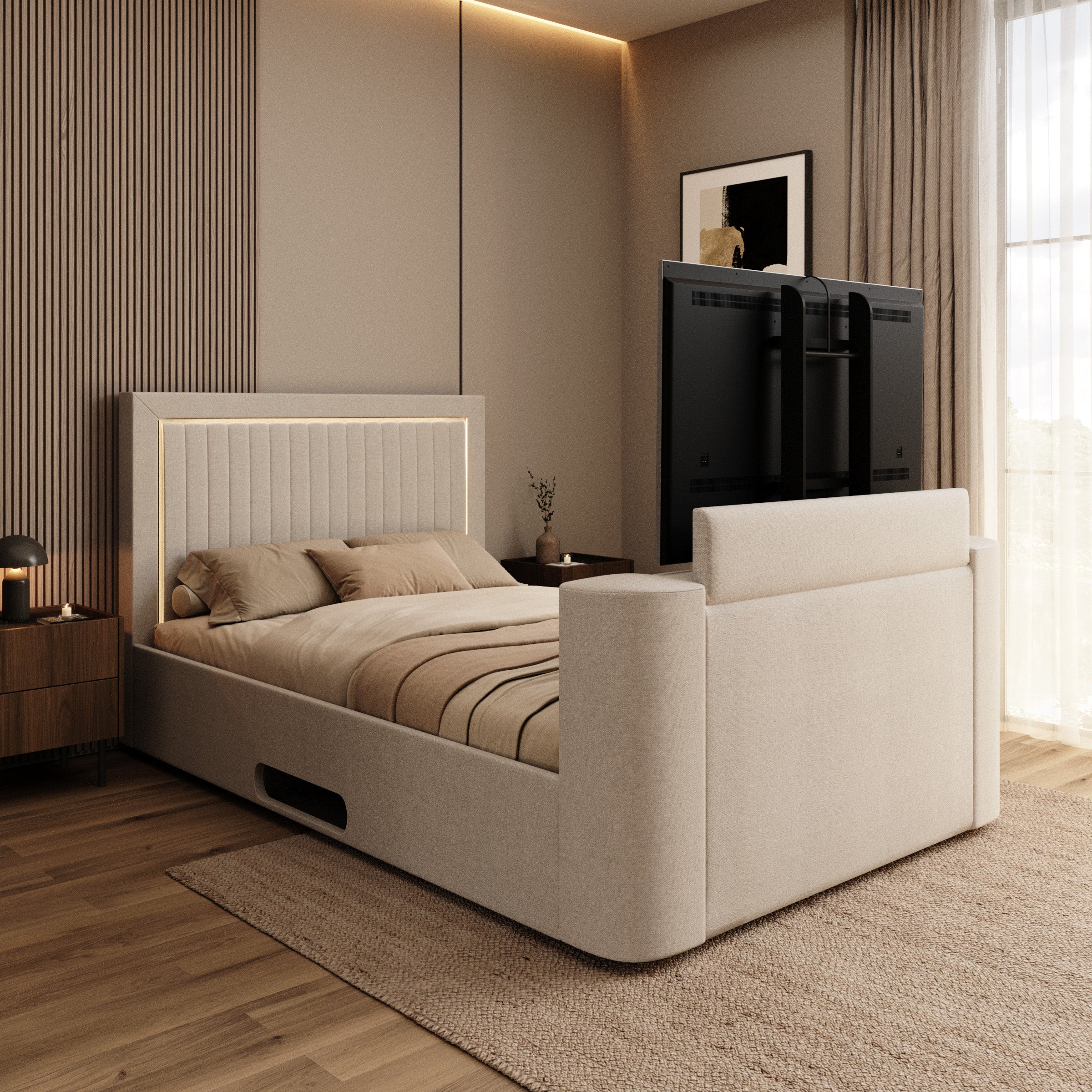 Vexo - Tweepersoonsbed met TV-lift systeem - Stof beige - 140x200 cm