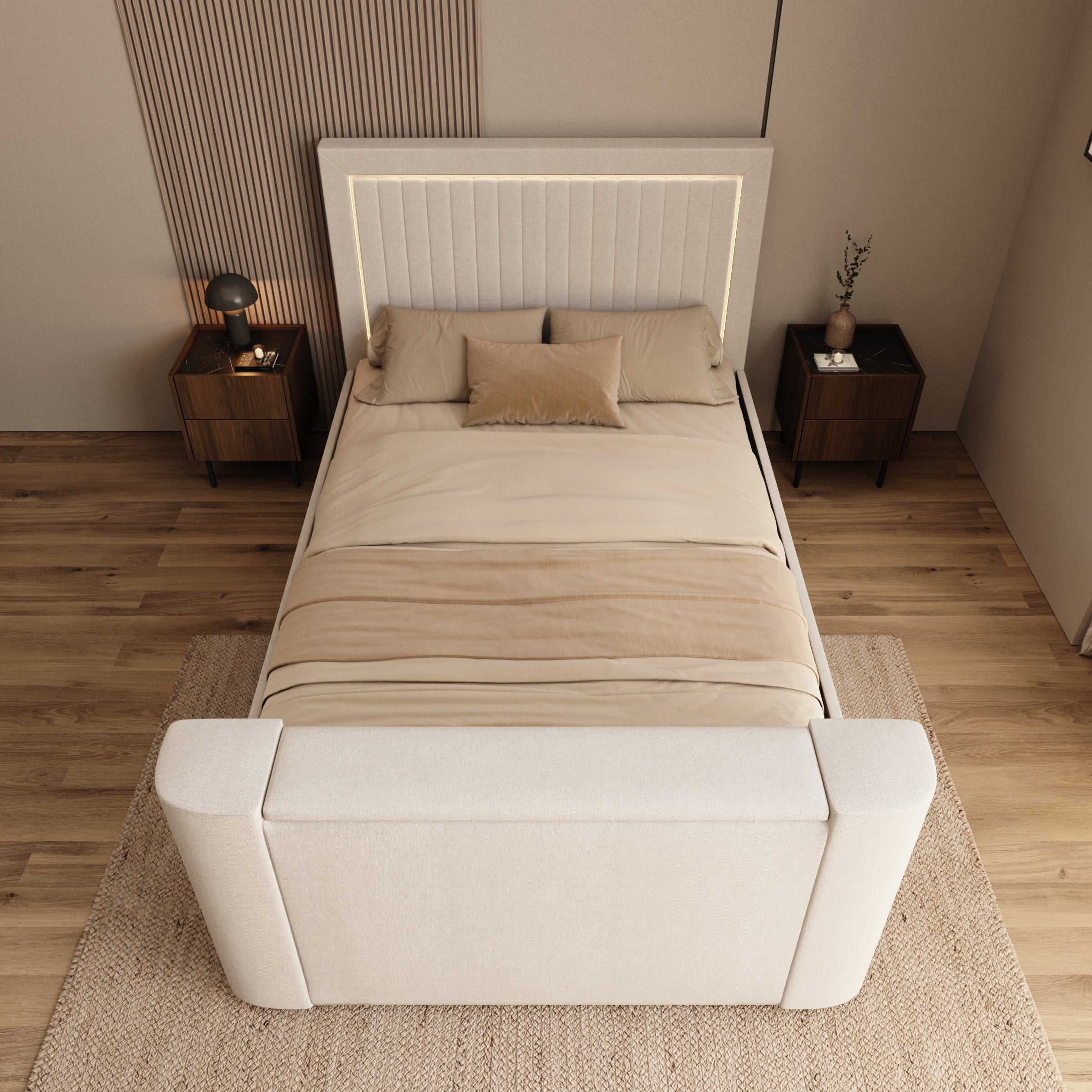 Vexo - Tweepersoonsbed met TV-lift systeem - Stof beige - 140x200 cm