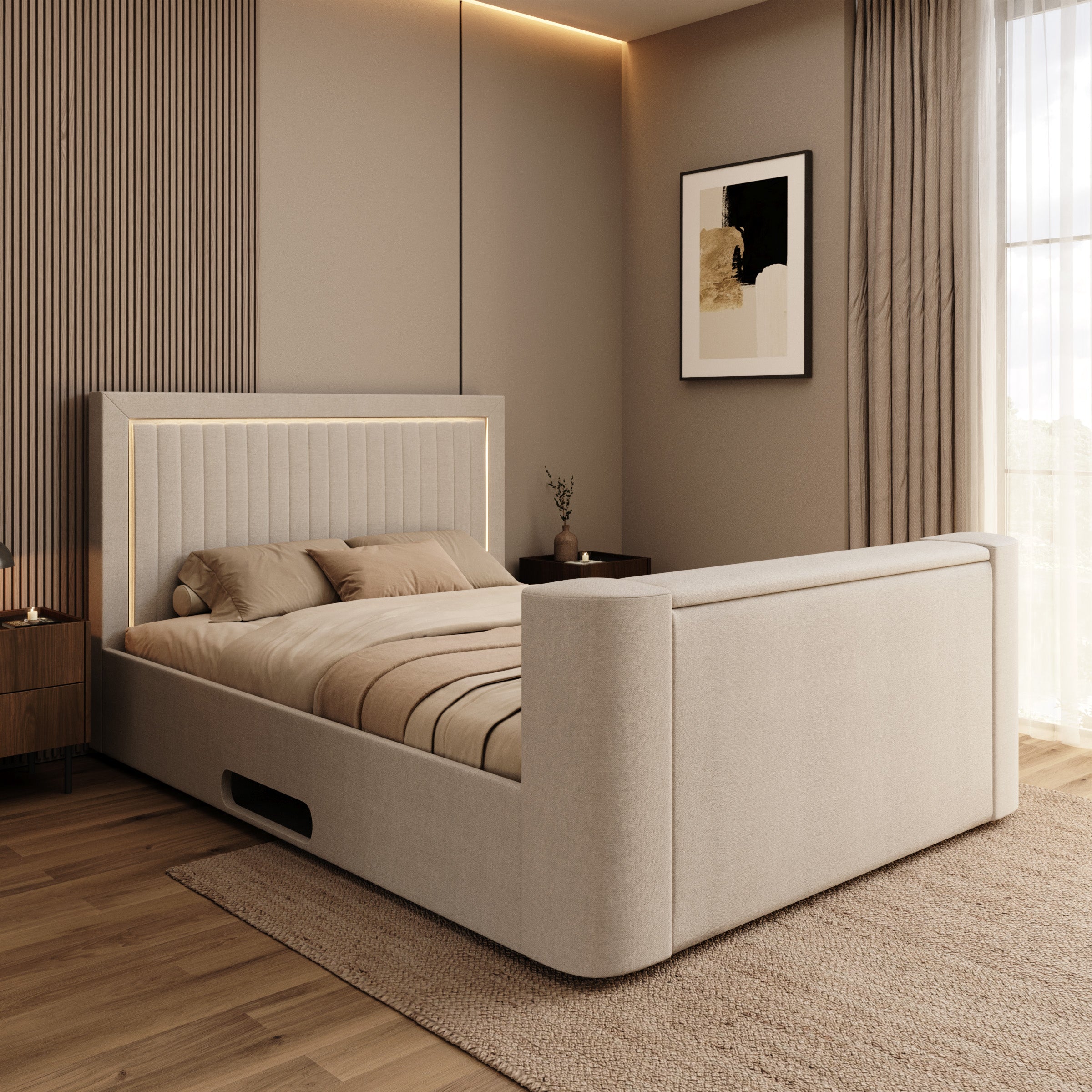 Vexo - Tweepersoonsbed met TV-lift systeem - Stof beige - 160x200 cm