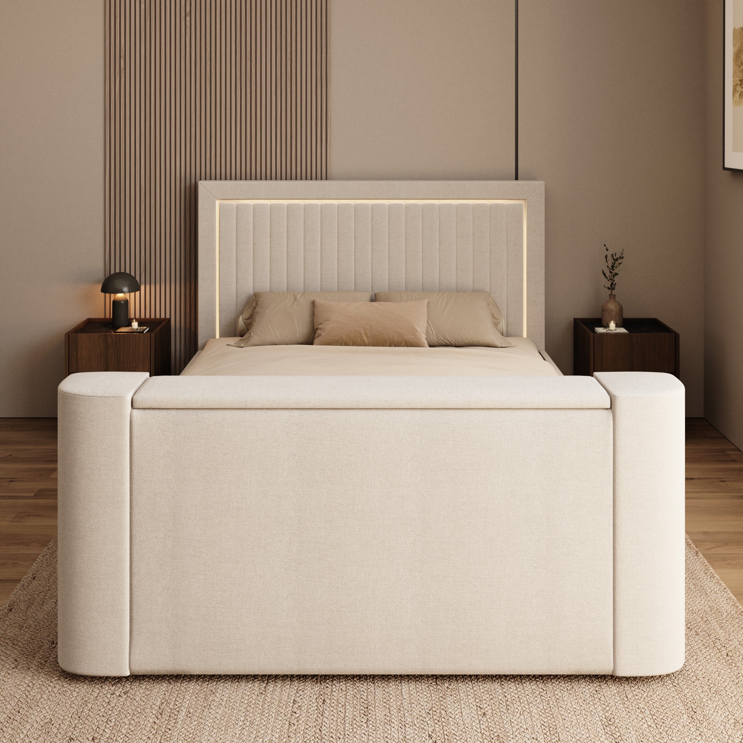 Vexo - Tweepersoonsbed met TV-lift systeem - Stof beige - 160x200 cm