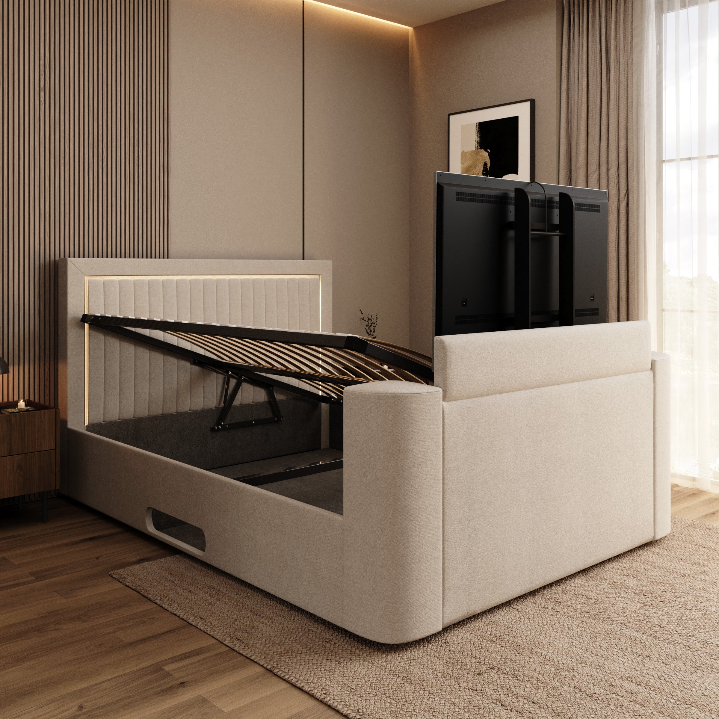 Vexo - Tweepersoonsbed met TV-lift systeem - Stof beige - 160x200 cm