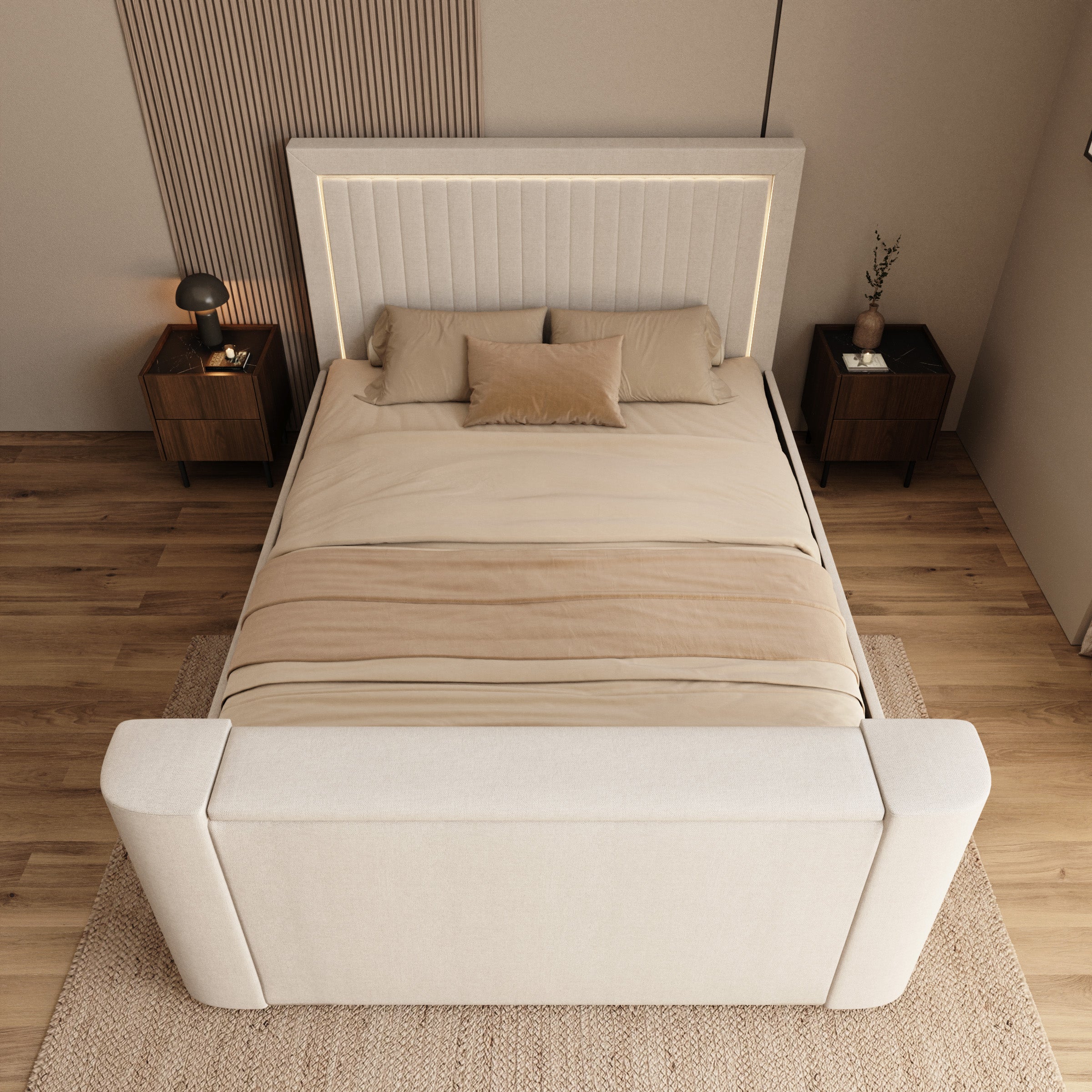 Vexo - Tweepersoonsbed met TV-lift systeem - Stof beige - 160x200 cm