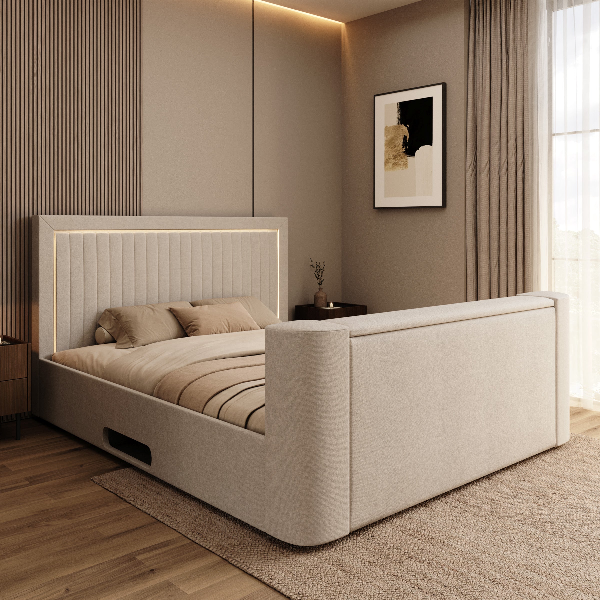 Vexo - Tweepersoonsbed met TV-lift systeem - Stof beige - 180x200 cm