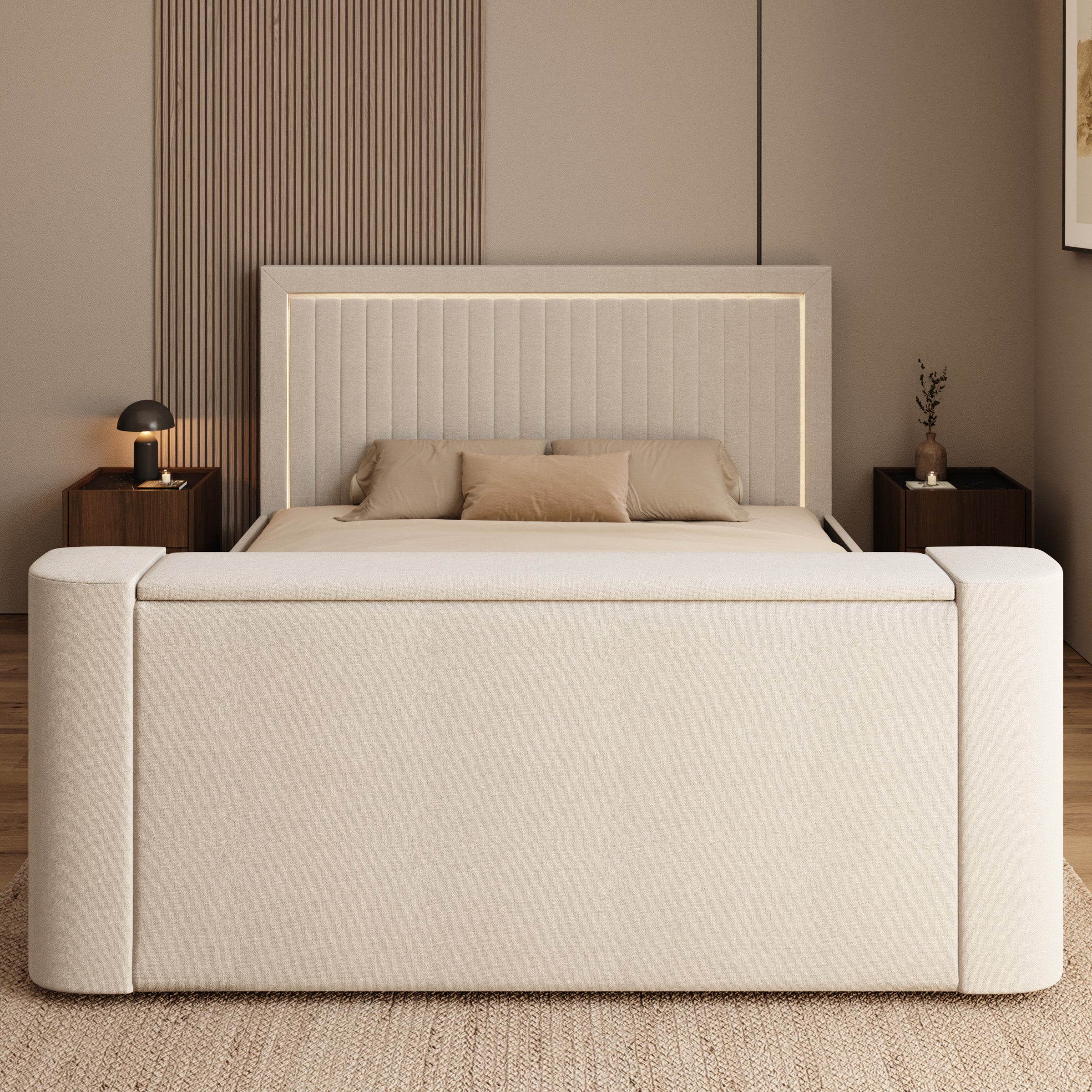 Vexo - Tweepersoonsbed met TV-lift systeem - Stof beige - 180x200 cm