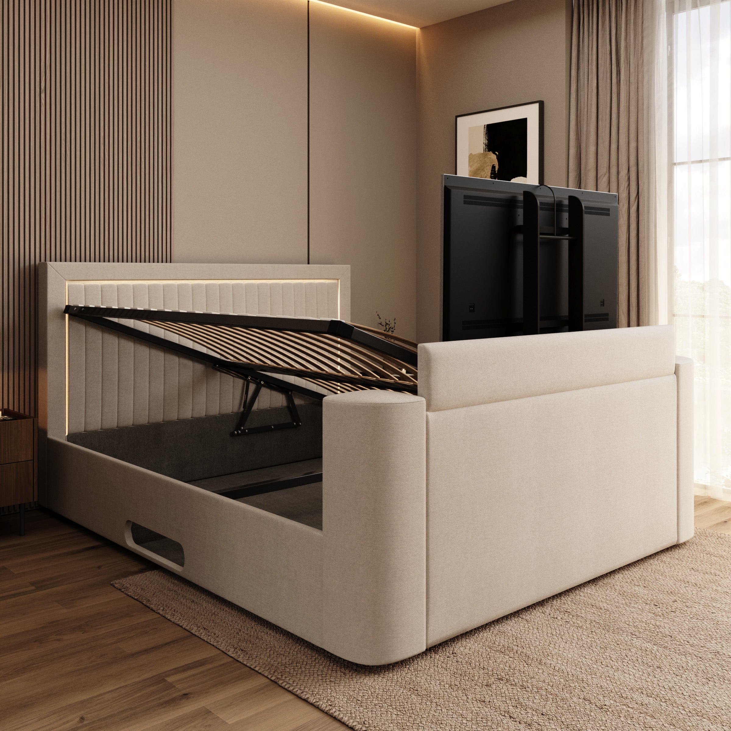 Vexo - Tweepersoonsbed met TV-lift systeem - Stof beige - 180x200 cm
