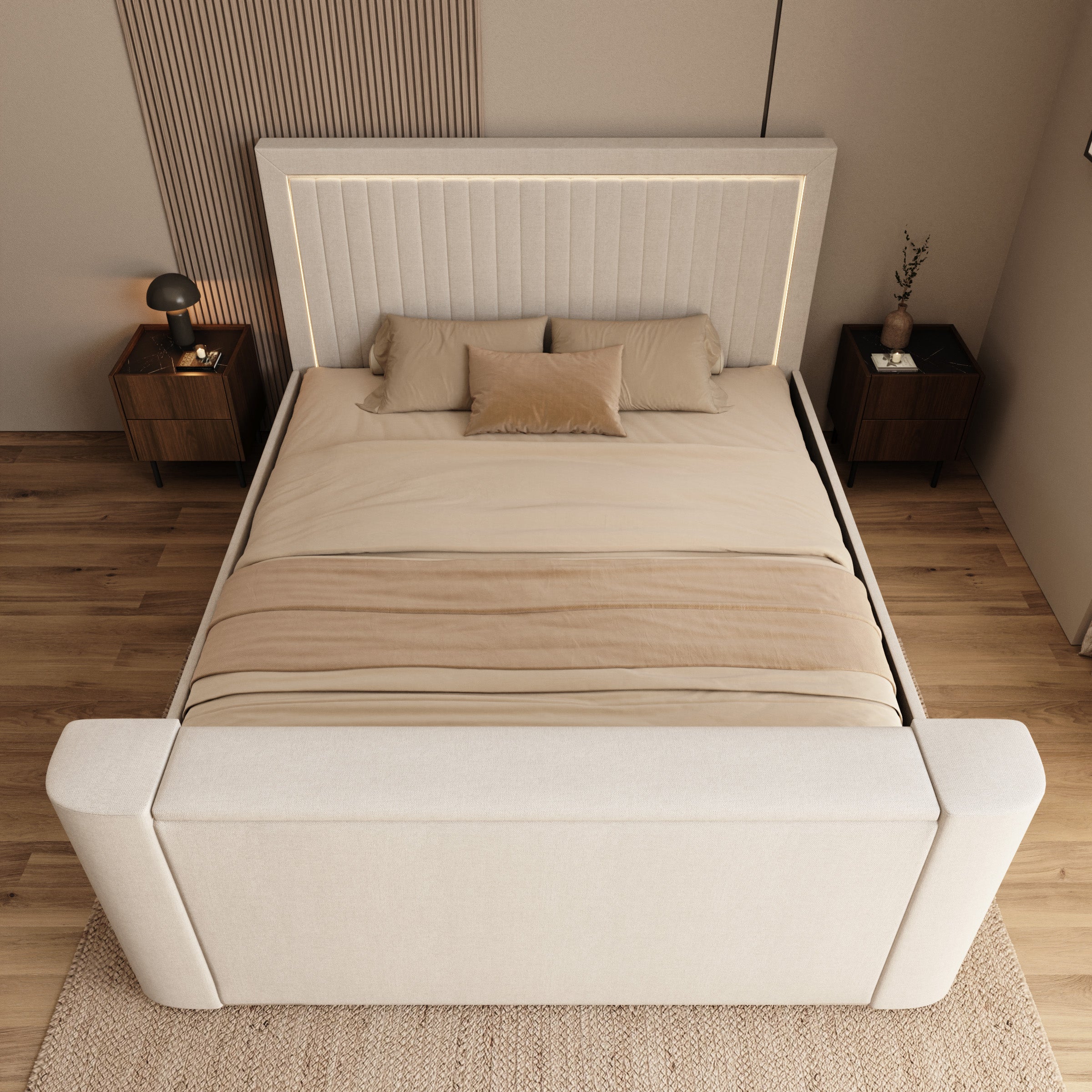 Vexo - Tweepersoonsbed met TV-lift systeem - Stof beige - 180x200 cm