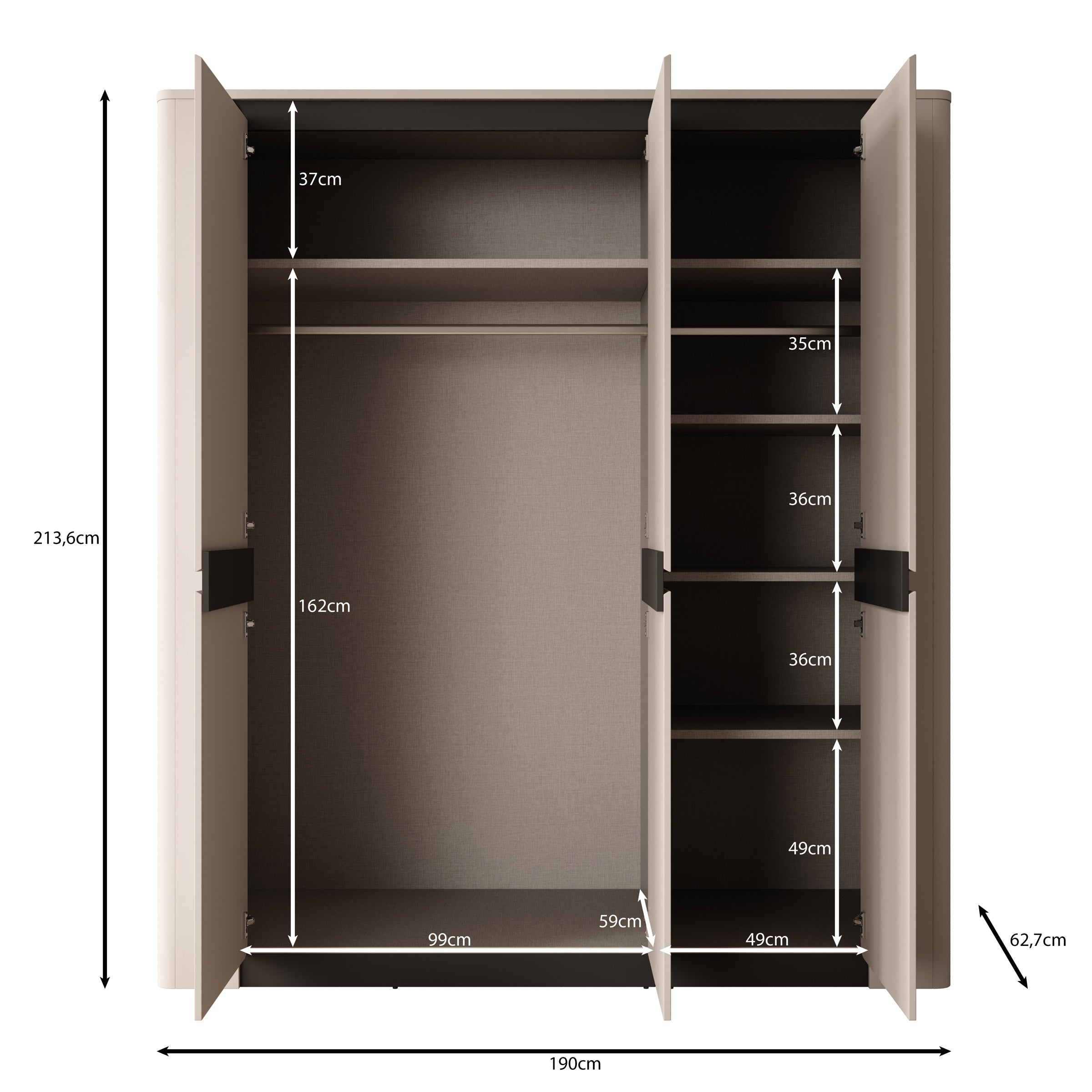 Vexon - Kledingkast met 3 deuren - Beige/Zwart - 190x63x214 cm