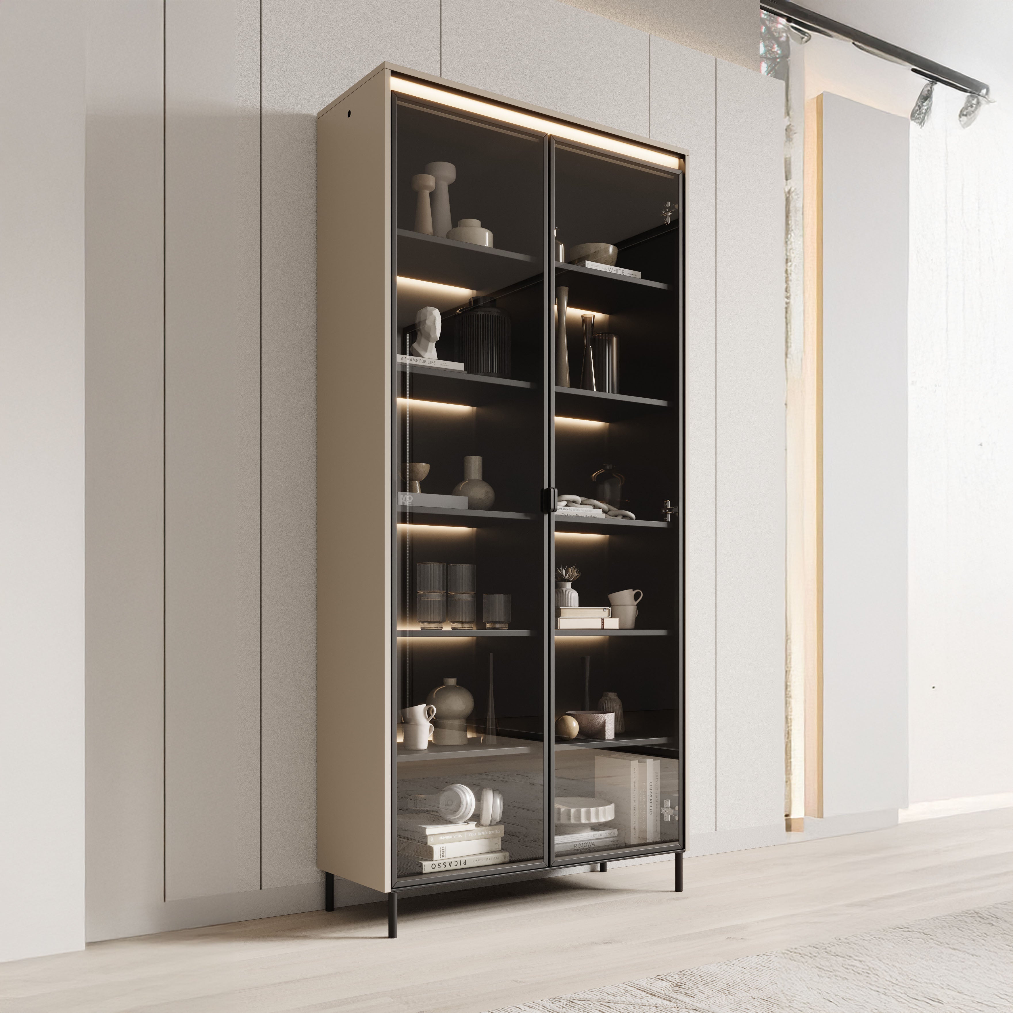 Vitrinekast Timoteo - Beige - 92x34x196 cm
