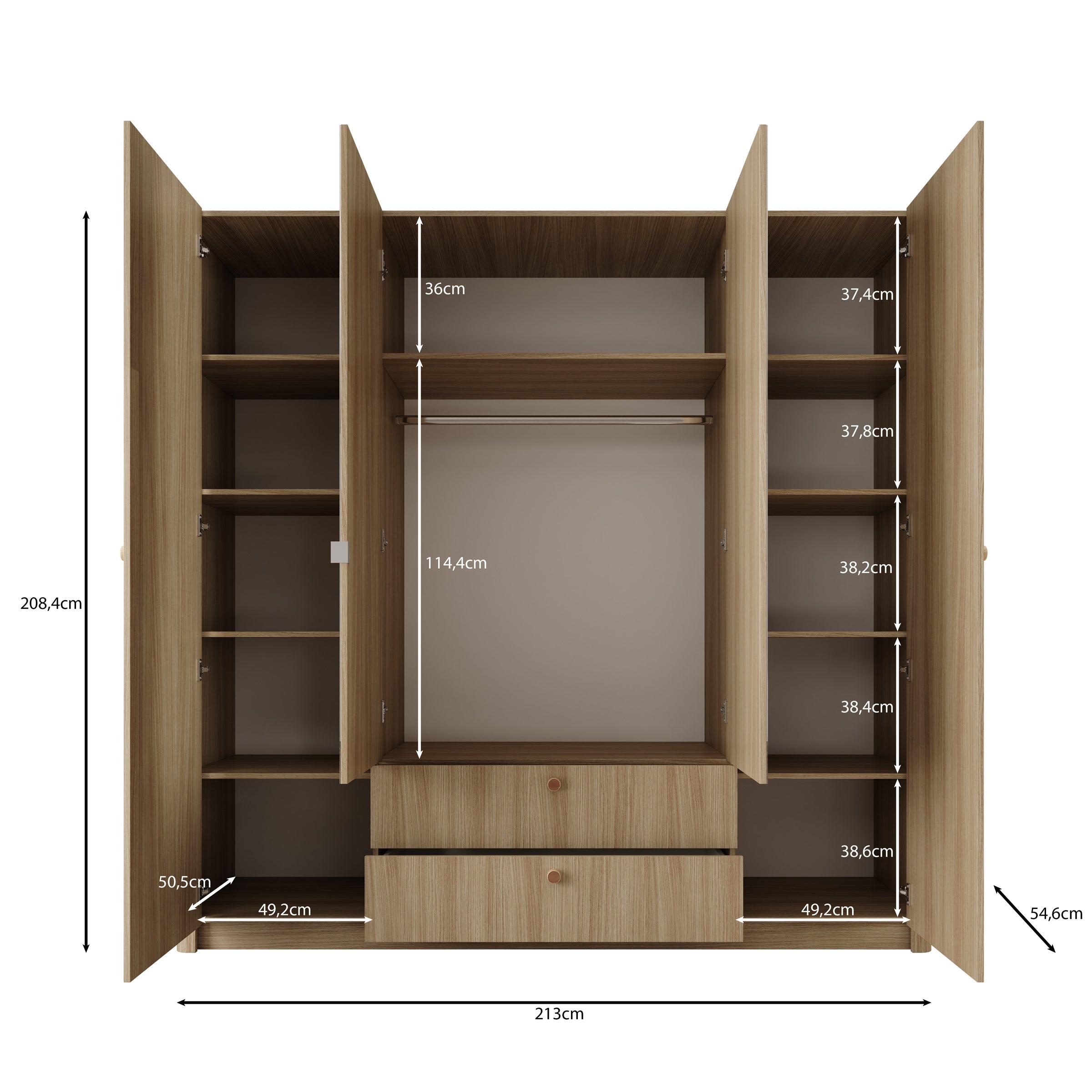 Voorne - Kledingkast met 4 deuren - Eiken - 213x55x208 cm