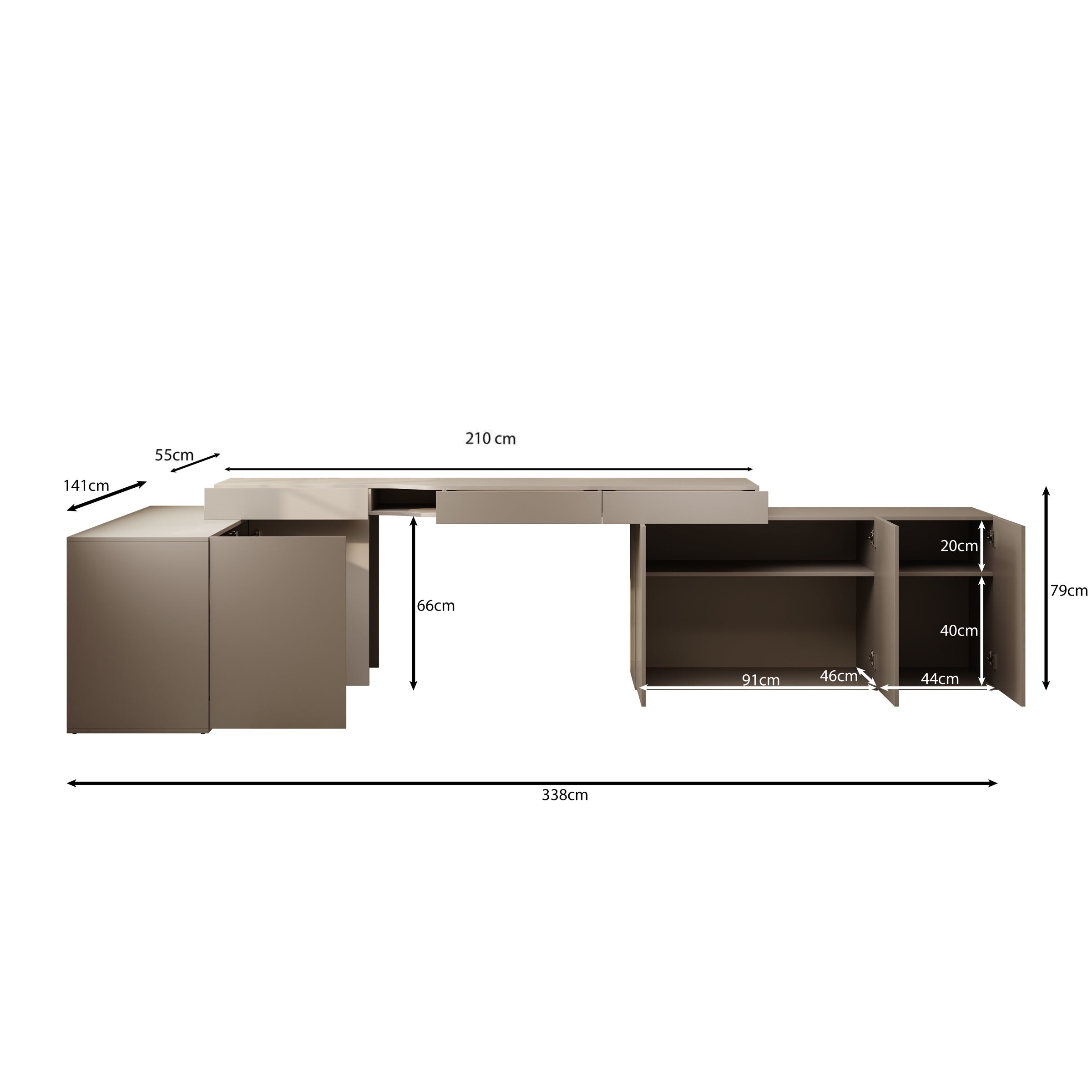 Whenua 4 - Bureau rechts - Beige - 338x141x79 cm