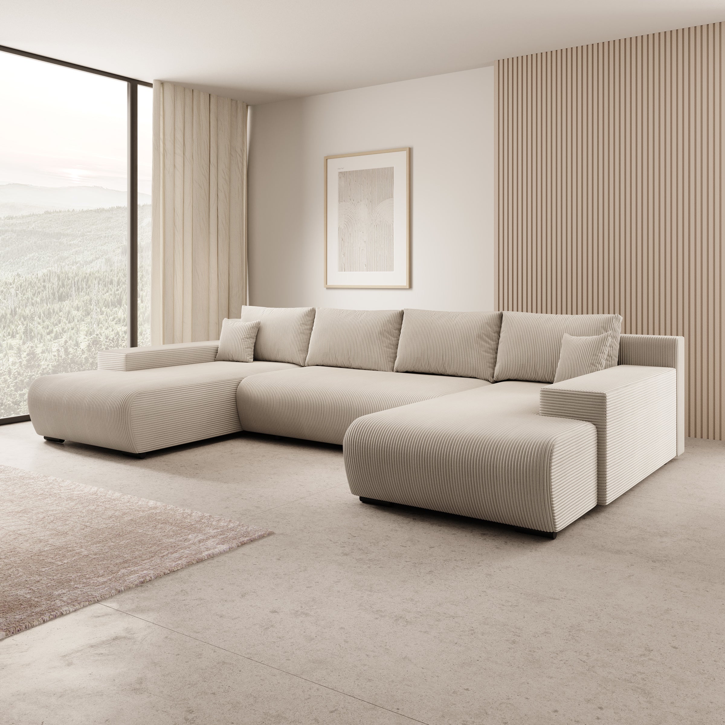 Wincan - Hoekbank 4-zits met chaise longue - Ribstof beige - Universeel
